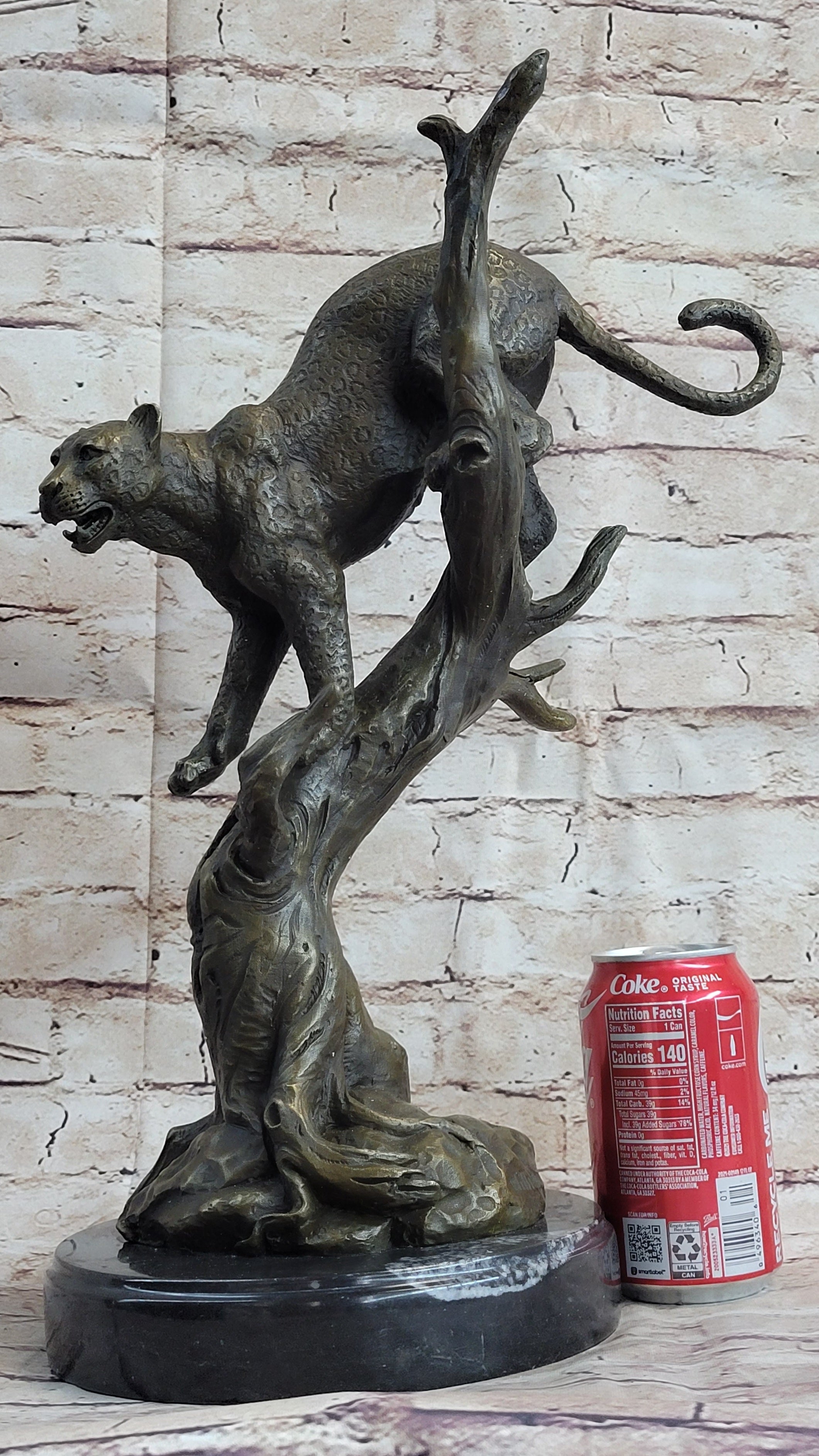 Puma Cougar Mountain Lion on Tree Branch Bronze Statue Sculpture Figurine Decor