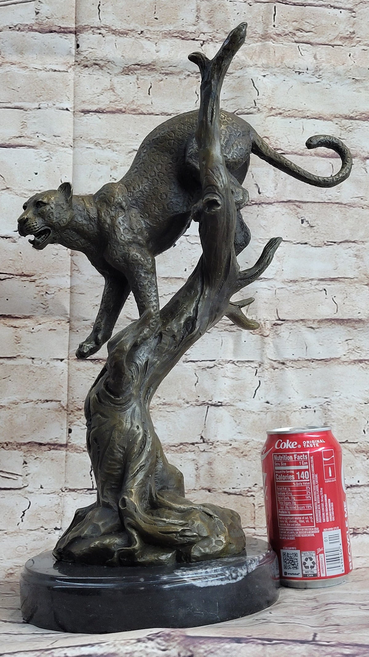 Puma Cougar Mountain Lion on Tree Branch Bronze Statue Sculpture Figurine Decor