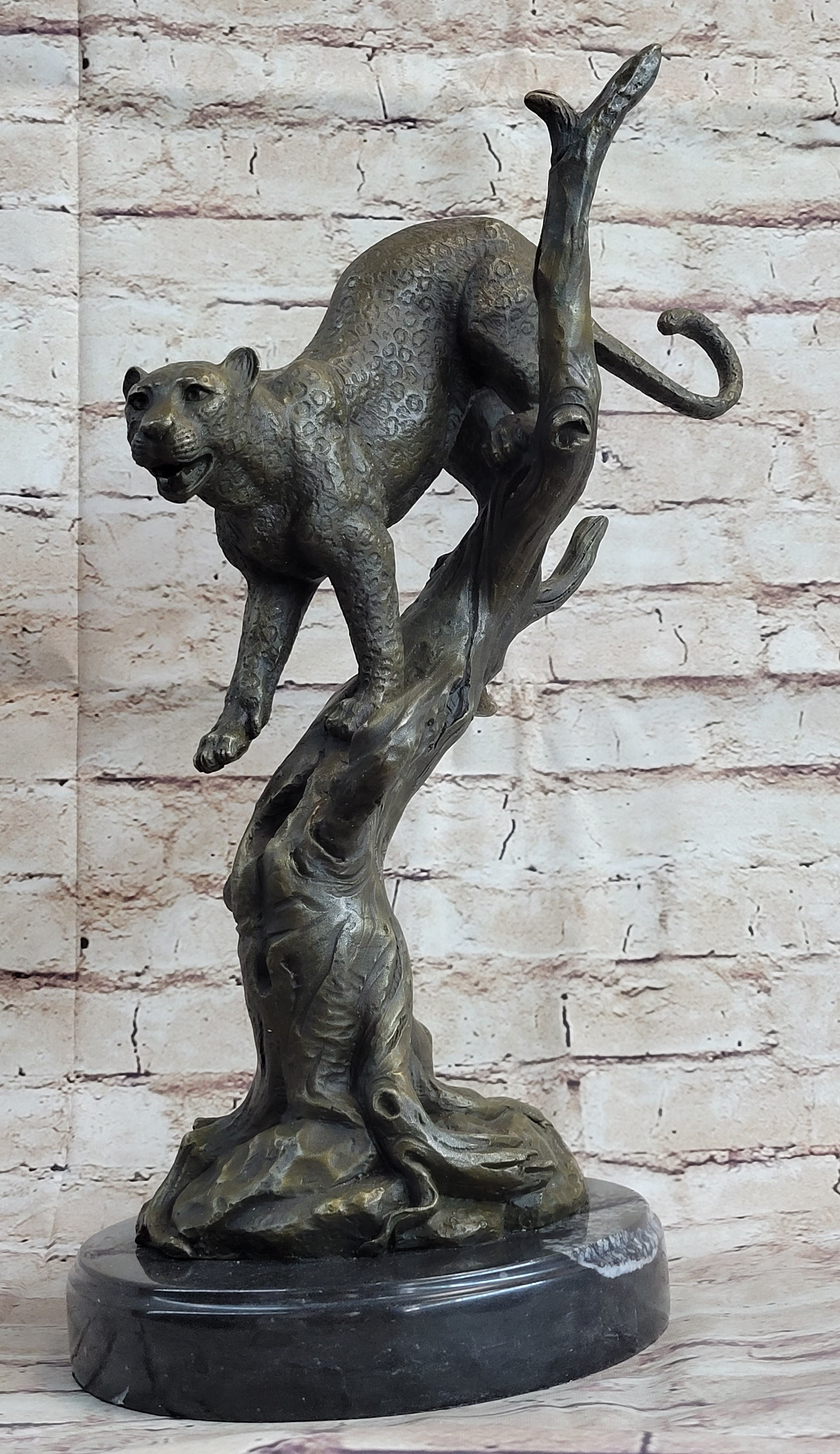 Puma Cougar Mountain Lion on Tree Branch Bronze Statue Sculpture Figurine Decor