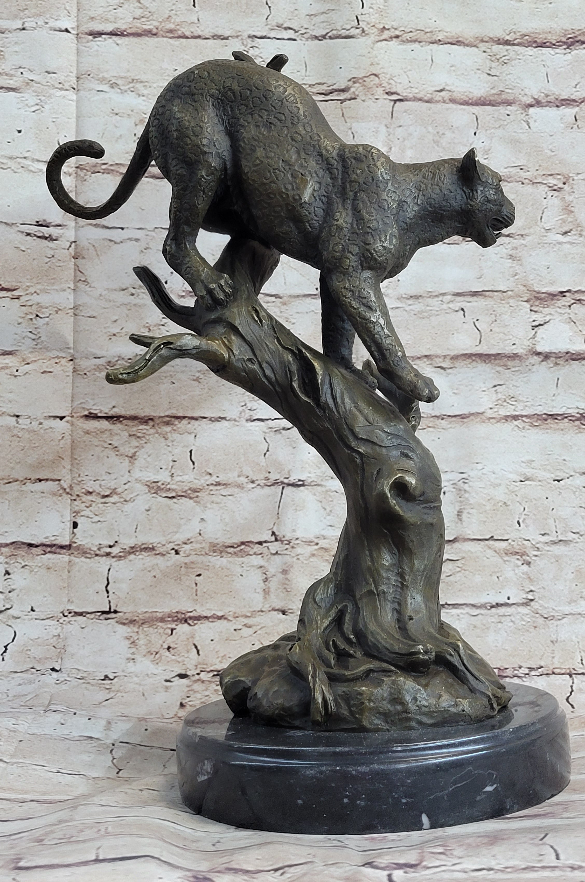 Puma Cougar Mountain Lion on Tree Branch Bronze Statue Sculpture Figurine Decor