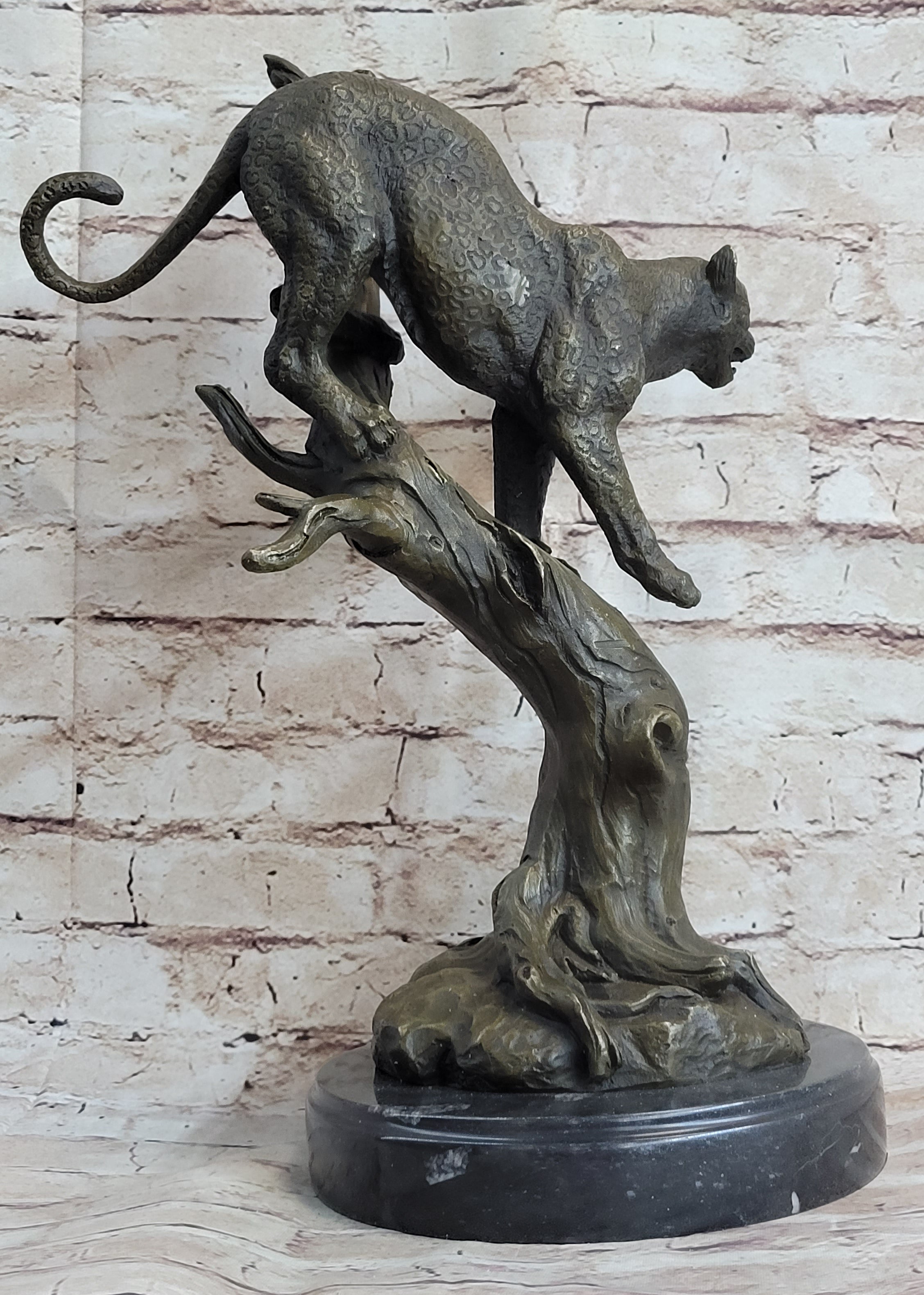 Puma Cougar Mountain Lion on Tree Branch Bronze Statue Sculpture Figurine Decor