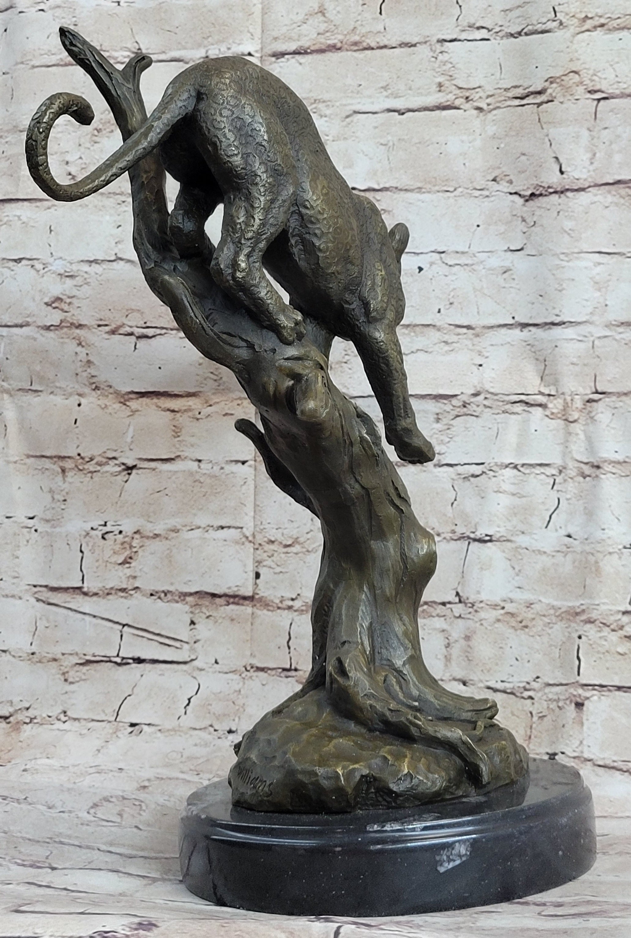 Puma Cougar Mountain Lion on Tree Branch Bronze Statue Sculpture Figurine Decor