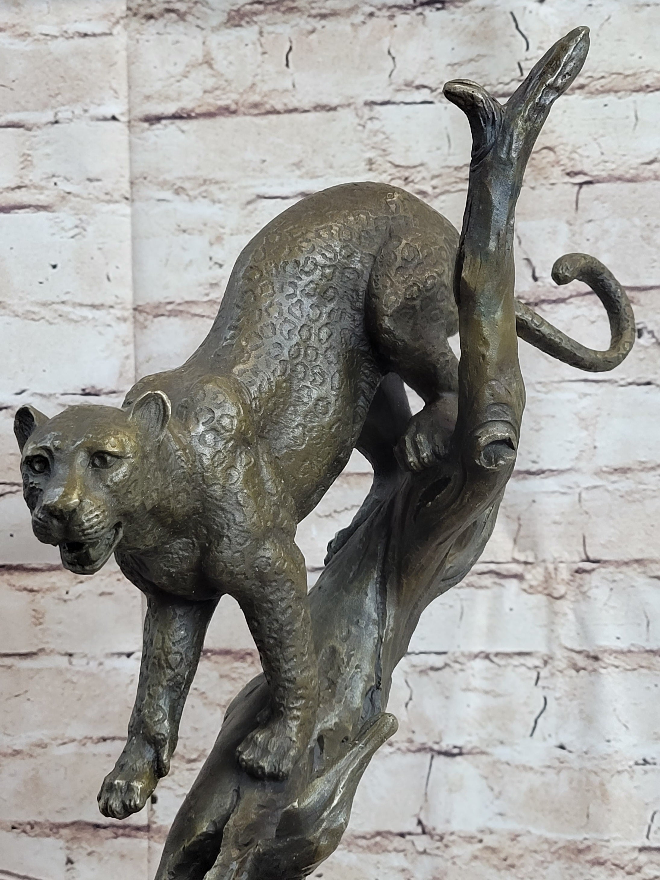 Puma Cougar Mountain Lion on Tree Branch Bronze Statue Sculpture Figurine Decor