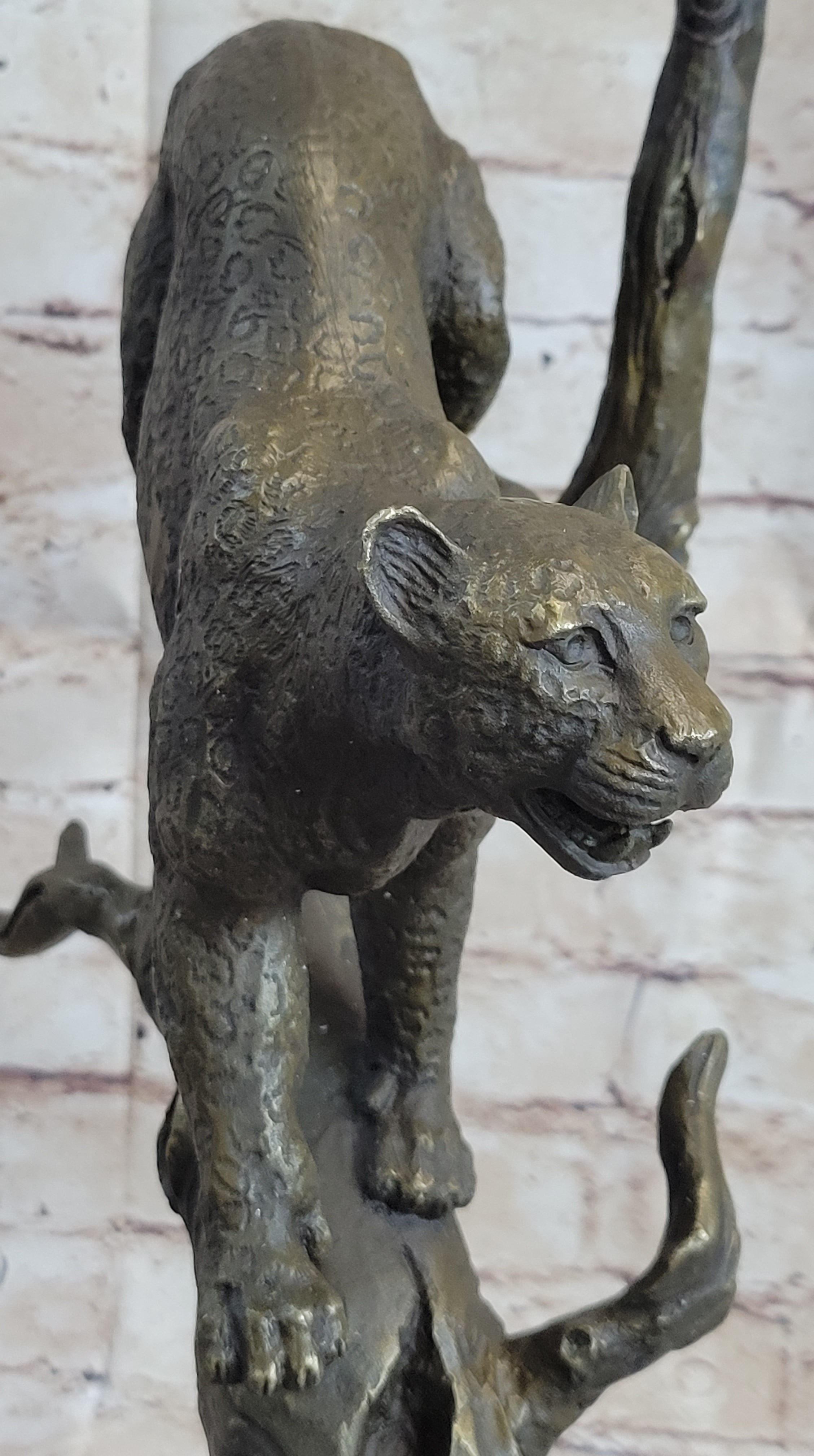 Puma Cougar Mountain Lion on Tree Branch Bronze Statue Sculpture Figurine Decor