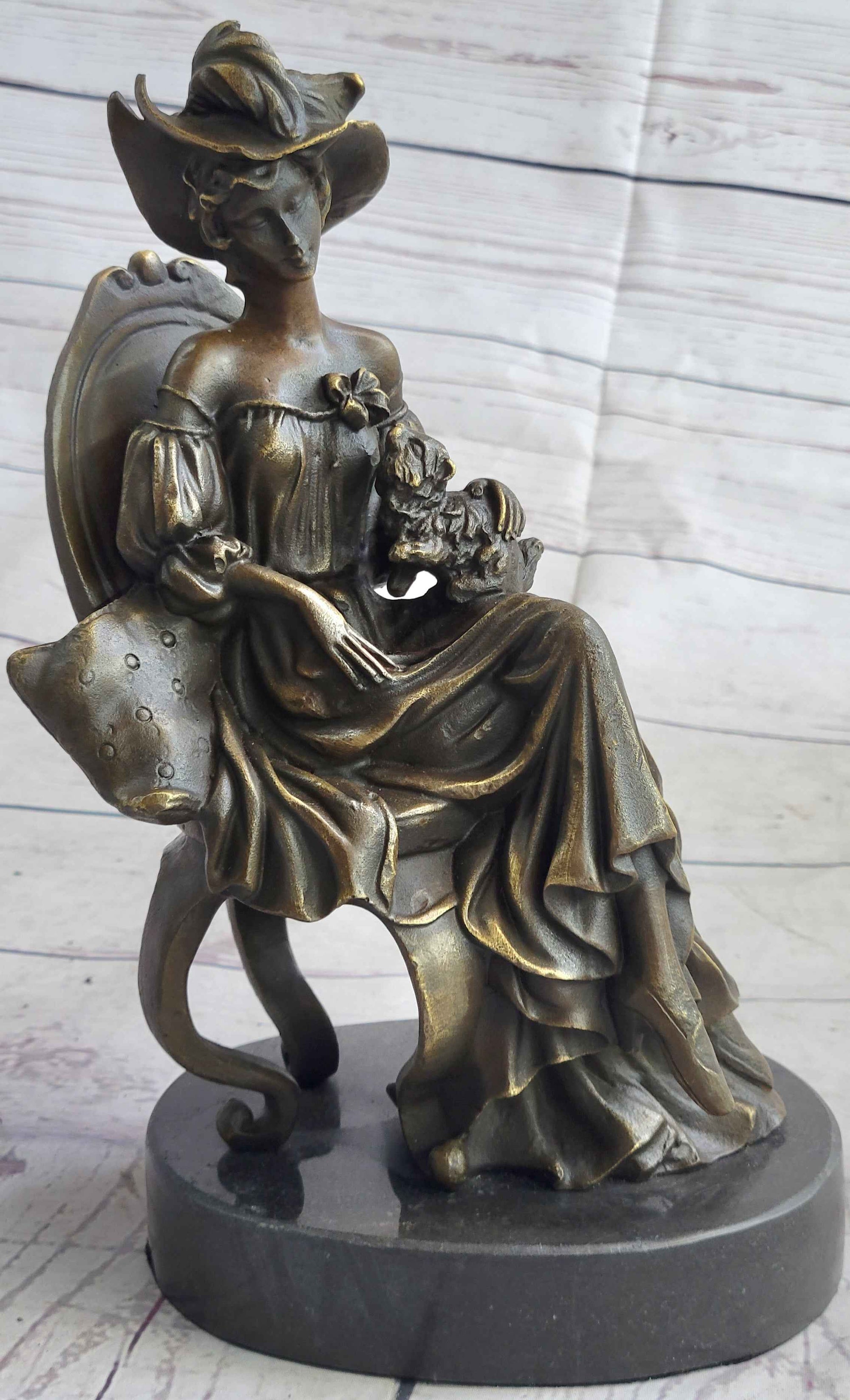 Signed Original Fisher Victorian Girl Holding Dog Bronze Sculpture Statue Decor