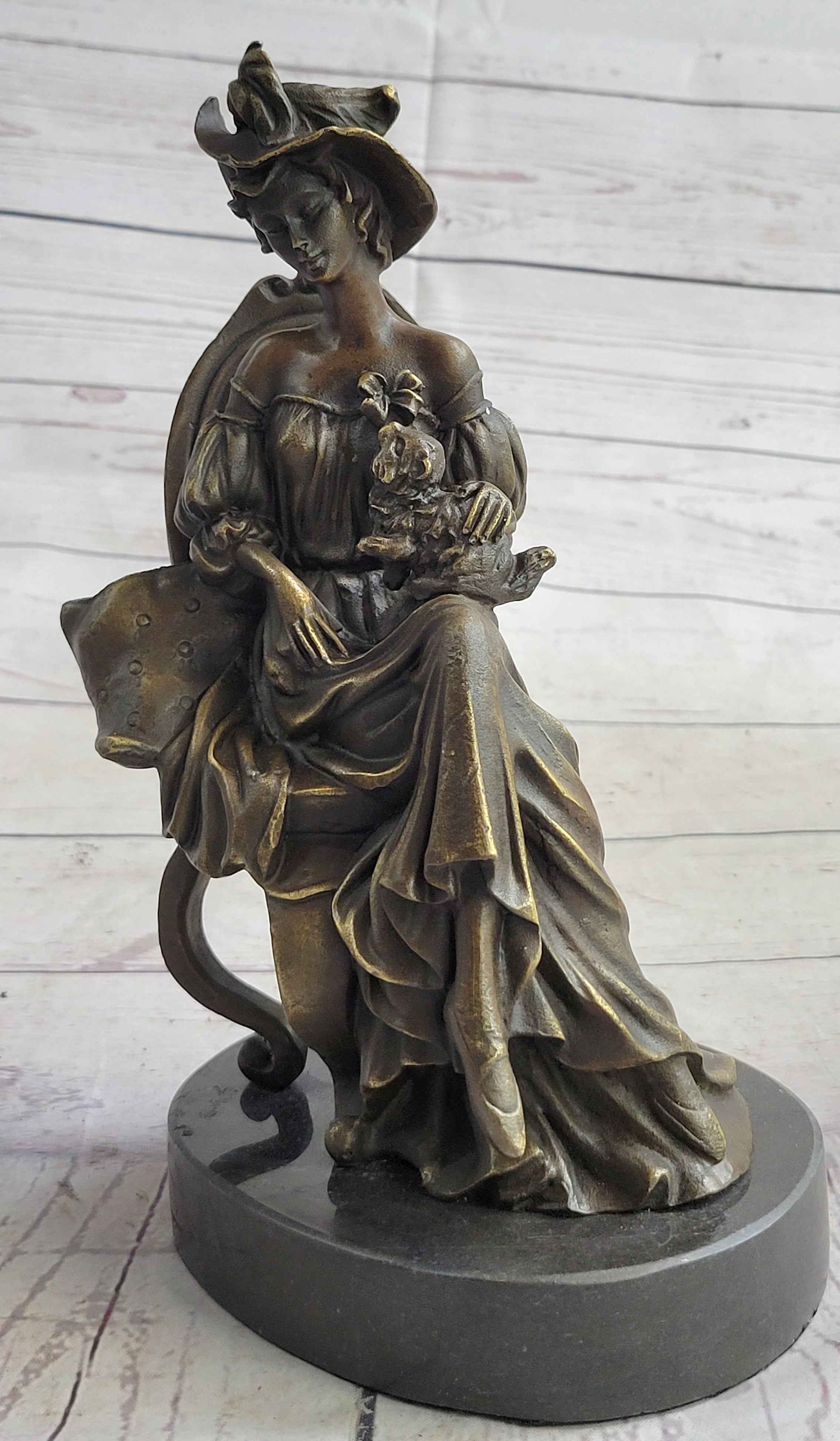 Signed Original Fisher Victorian Girl Holding Dog Bronze Sculpture Statue Decor