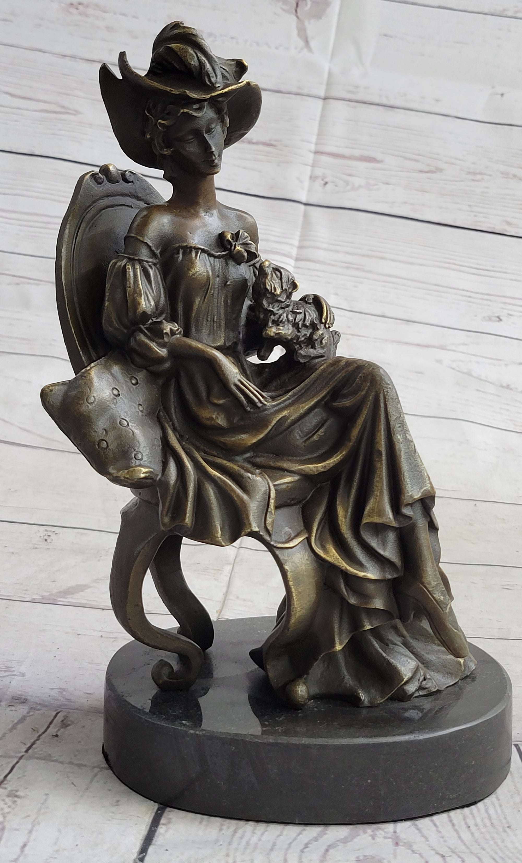 Signed Original Fisher Victorian Girl Holding Dog Bronze Sculpture Statue Decor