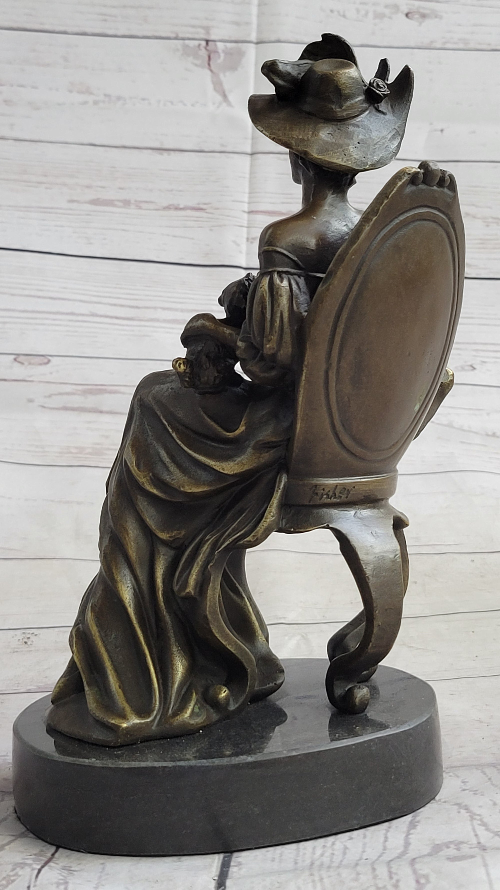 Signed Original Fisher Victorian Girl Holding Dog Bronze Sculpture Statue Decor