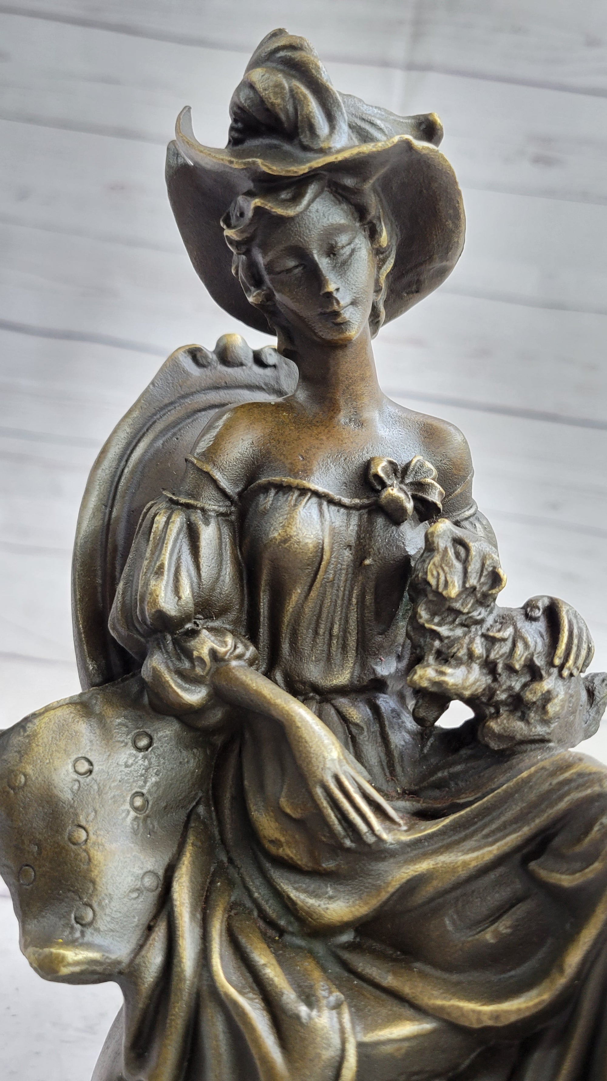 Signed Original Fisher Victorian Girl Holding Dog Bronze Sculpture Statue Decor