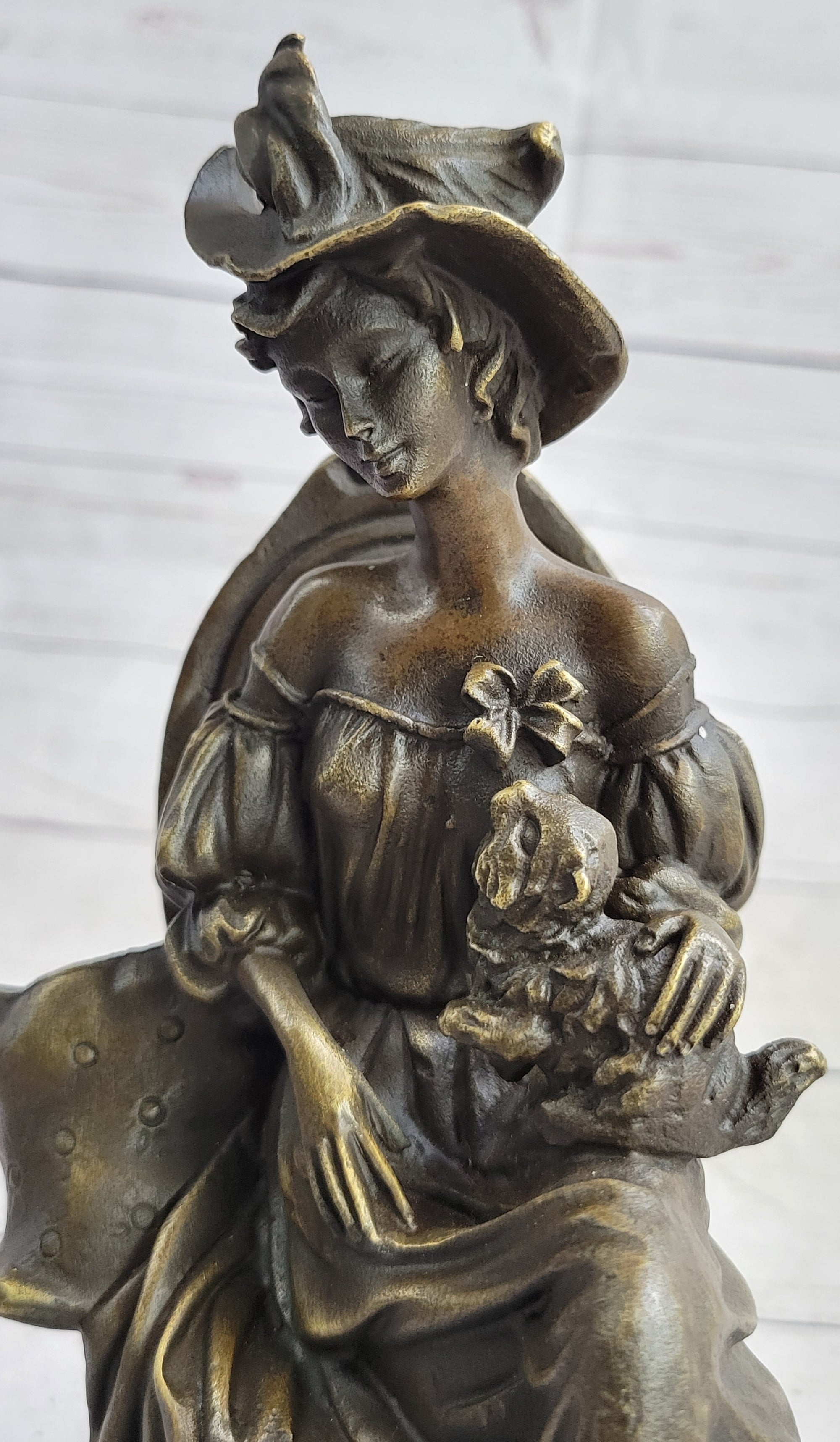 Signed Original Fisher Victorian Girl Holding Dog Bronze Sculpture Statue Decor