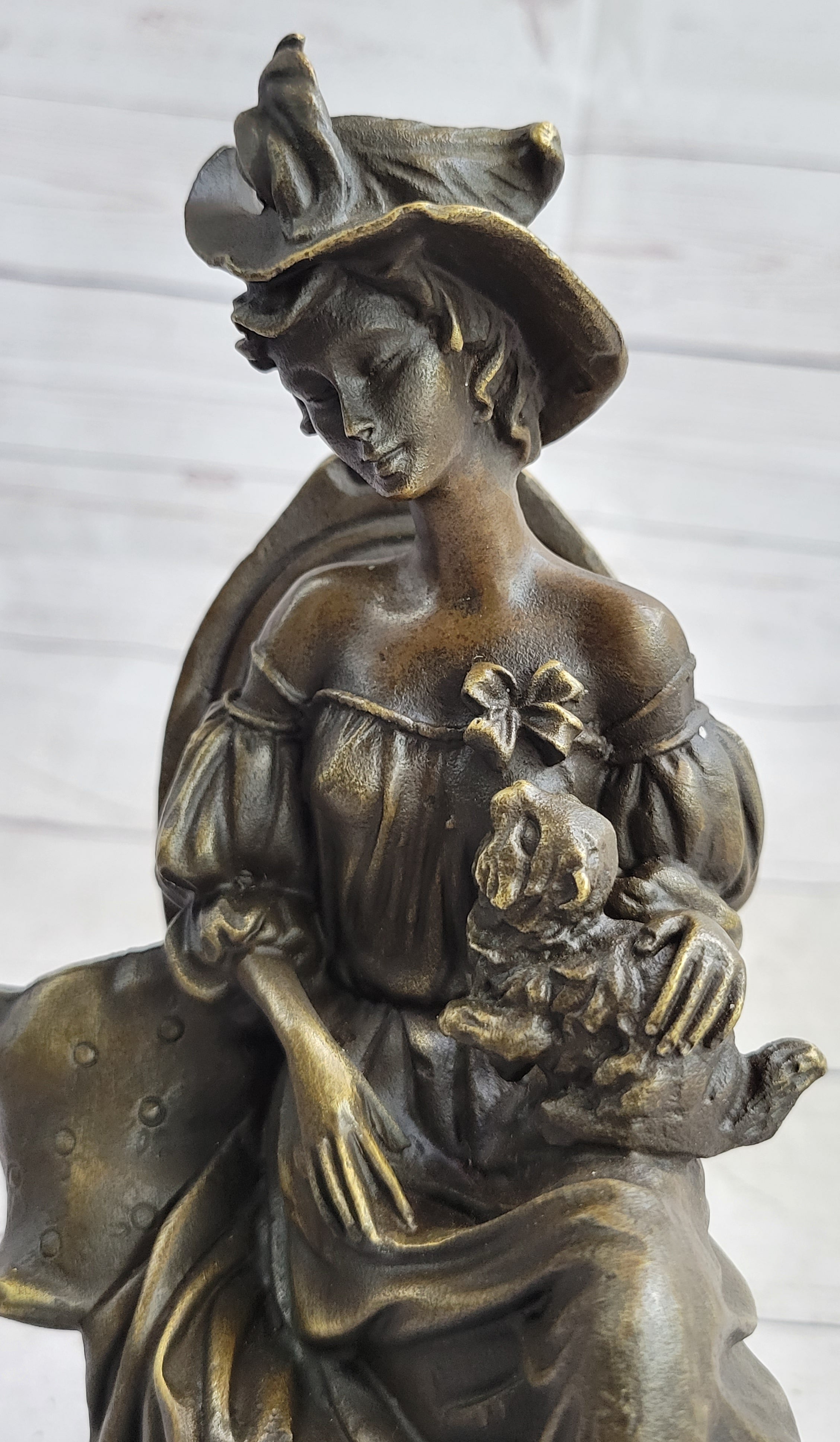 Signed Original Fisher Victorian Girl Holding Dog Bronze Sculpture Statue Decor