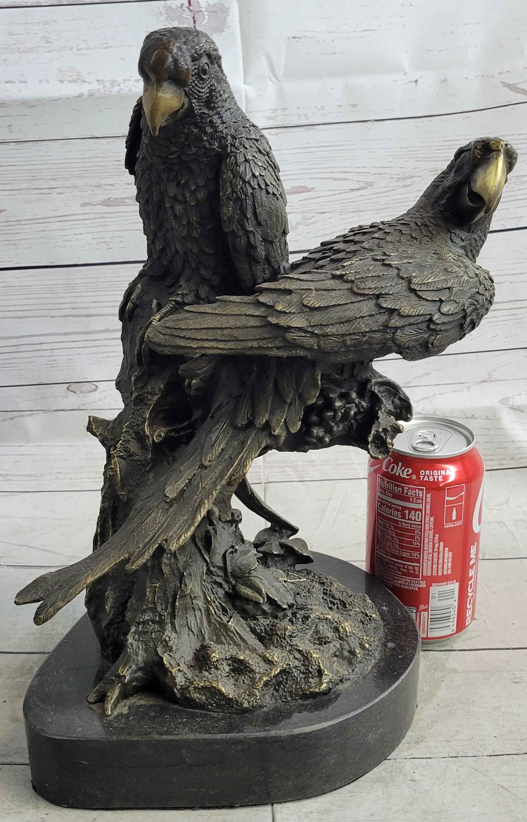 Pair of Parrots Birds Bronze Sculpture Statue Figure on Marble Base Signed Milo