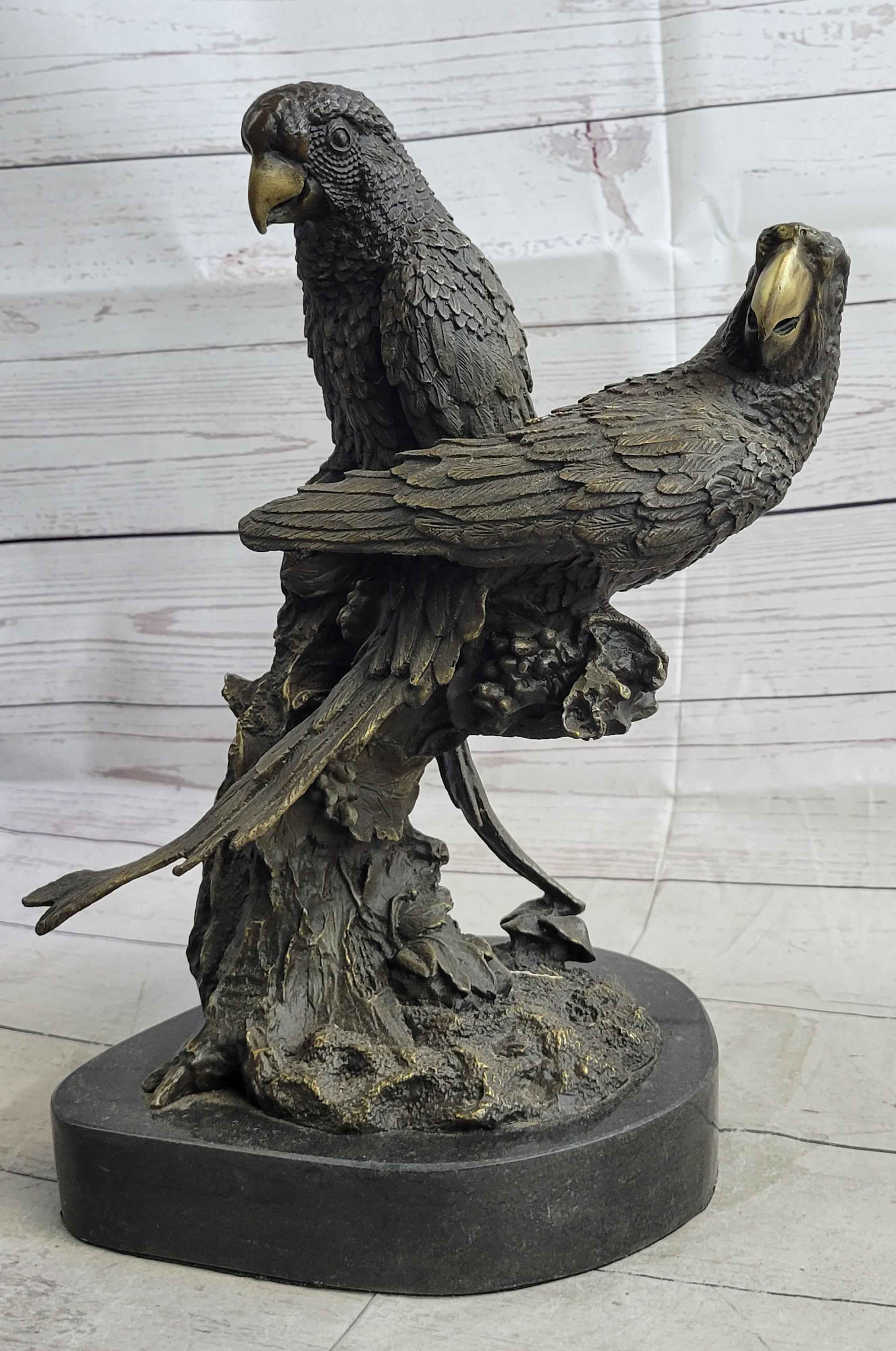 Pair of Parrots Birds Bronze Sculpture Statue Figure on Marble Base Signed Milo