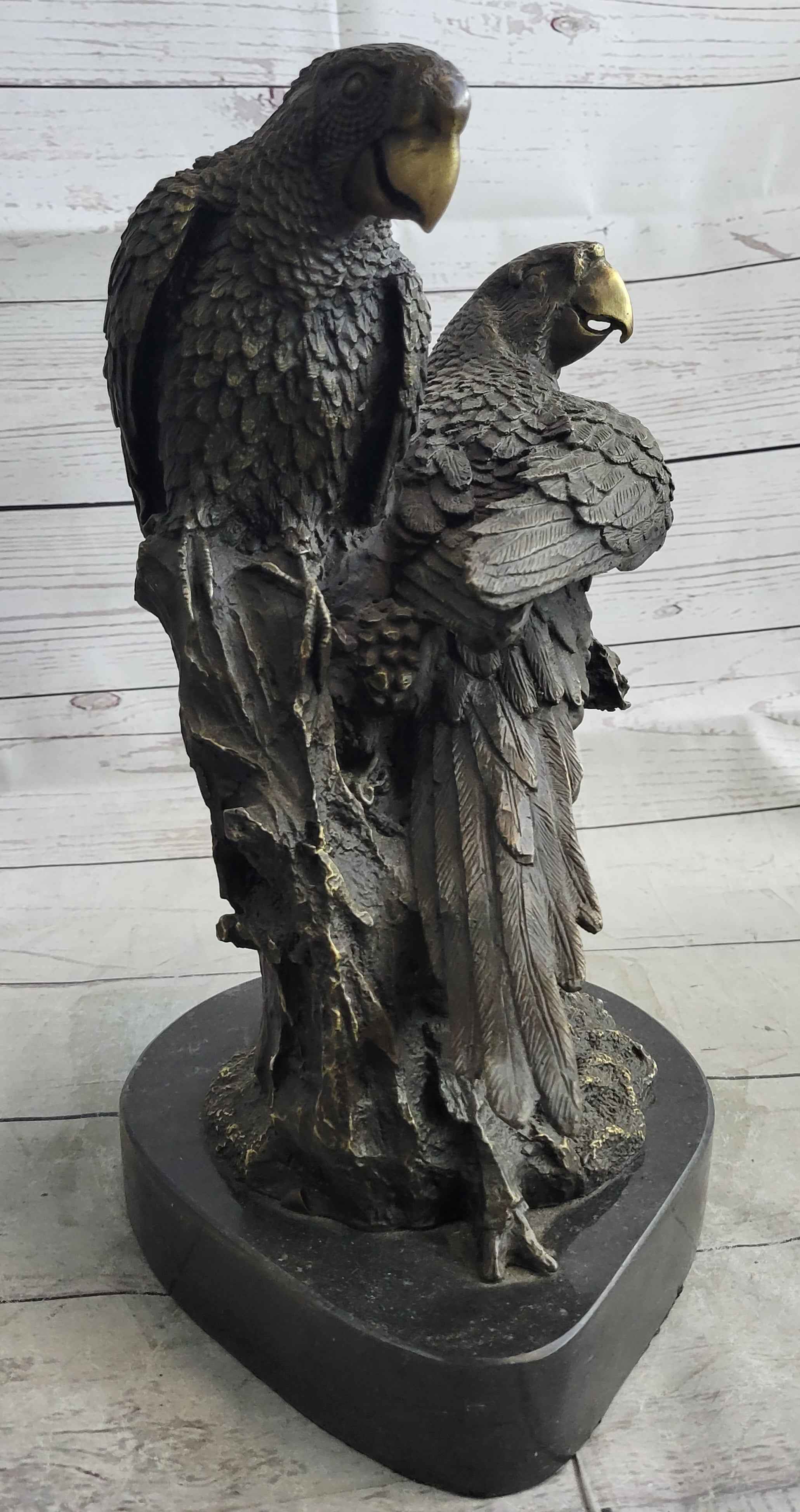 Pair of Parrots Birds Bronze Sculpture Statue Figure on Marble Base Signed Milo