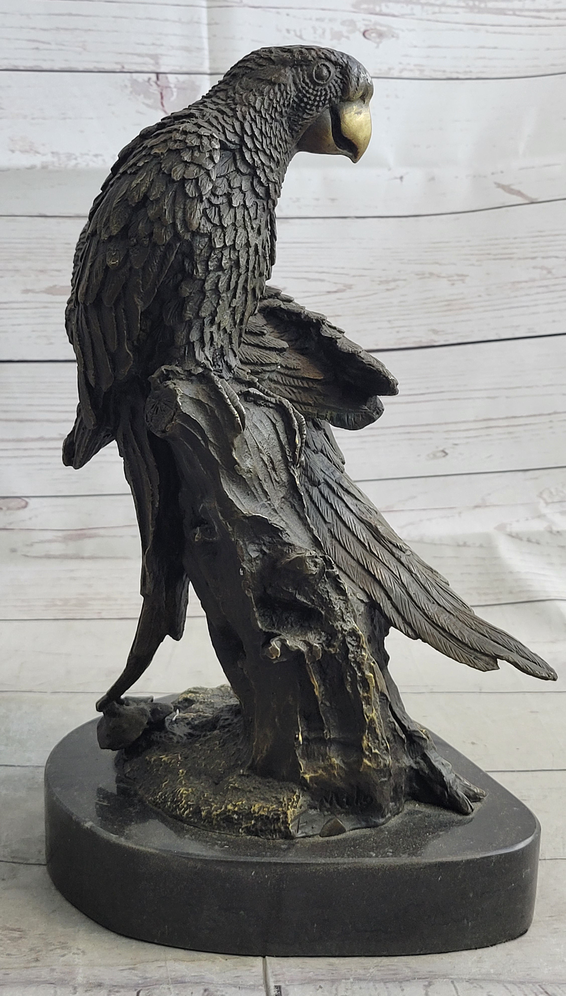 Pair of Parrots Birds Bronze Sculpture Statue Figure on Marble Base Signed Milo