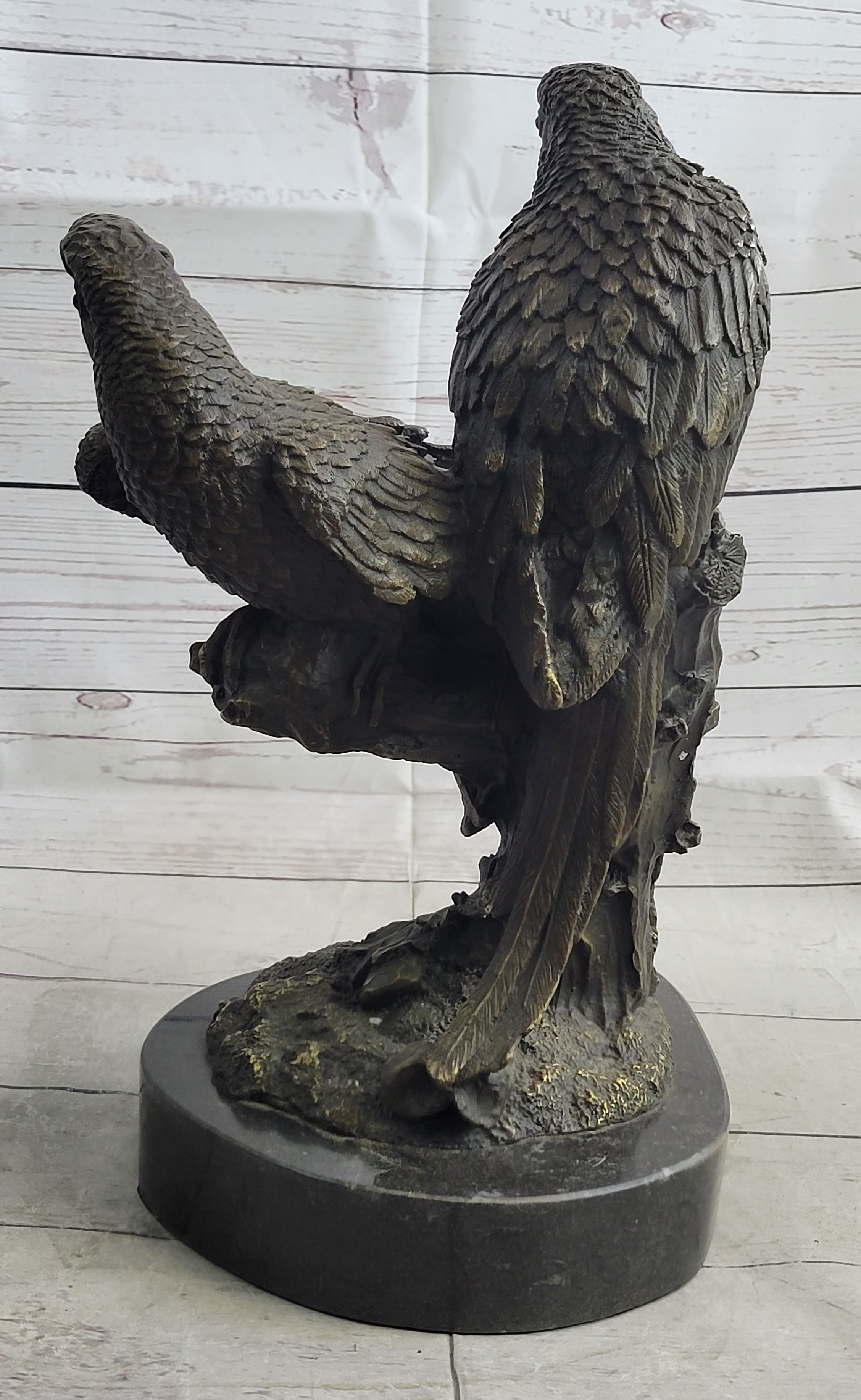 Pair of Parrots Birds Bronze Sculpture Statue Figure on Marble Base Signed Milo