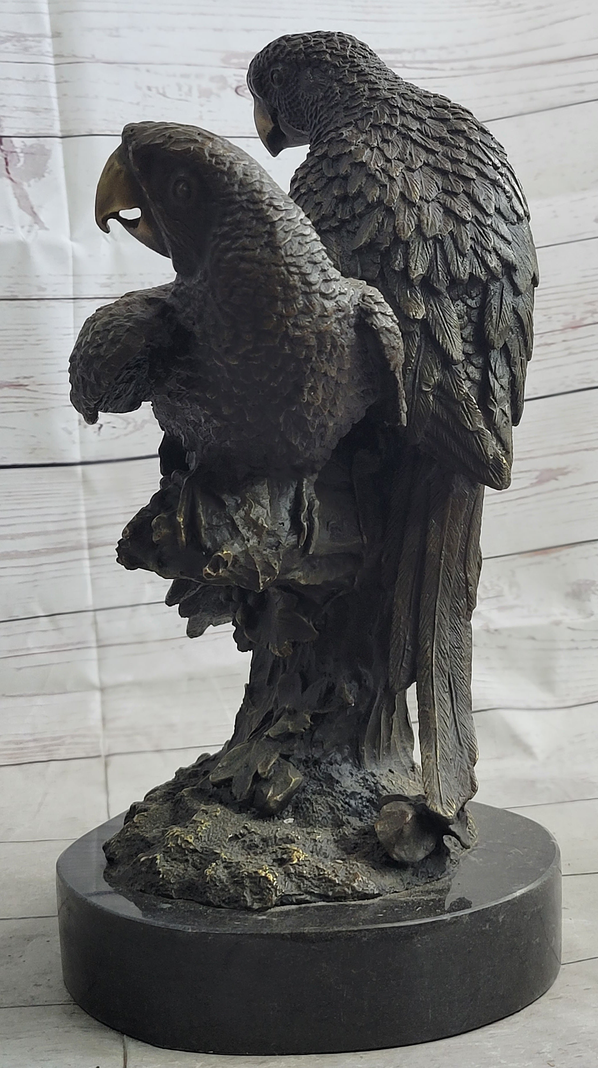 Pair of Parrots Birds Bronze Sculpture Statue Figure on Marble Base Signed Milo