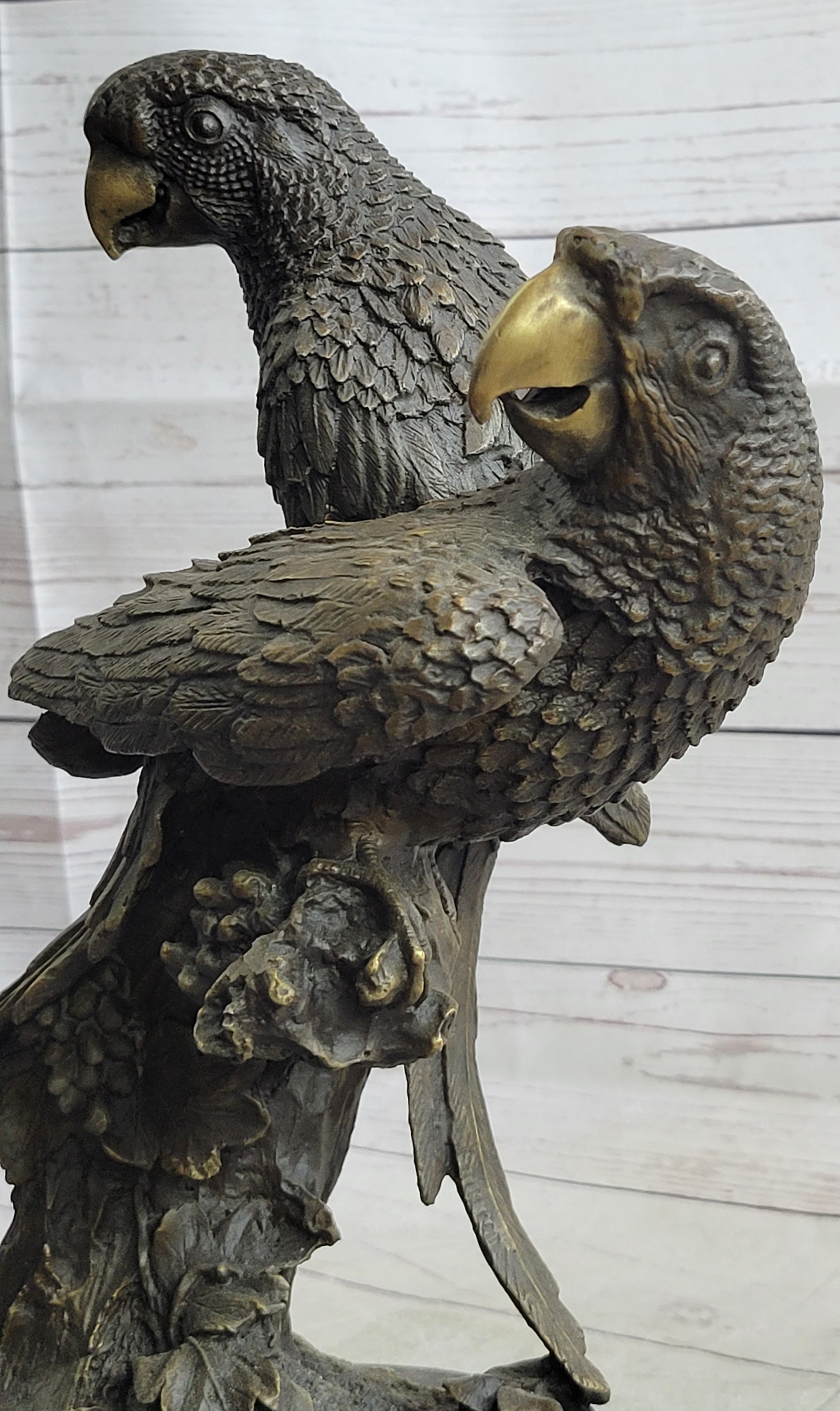 Pair of Parrots Birds Bronze Sculpture Statue Figure on Marble Base Signed Milo