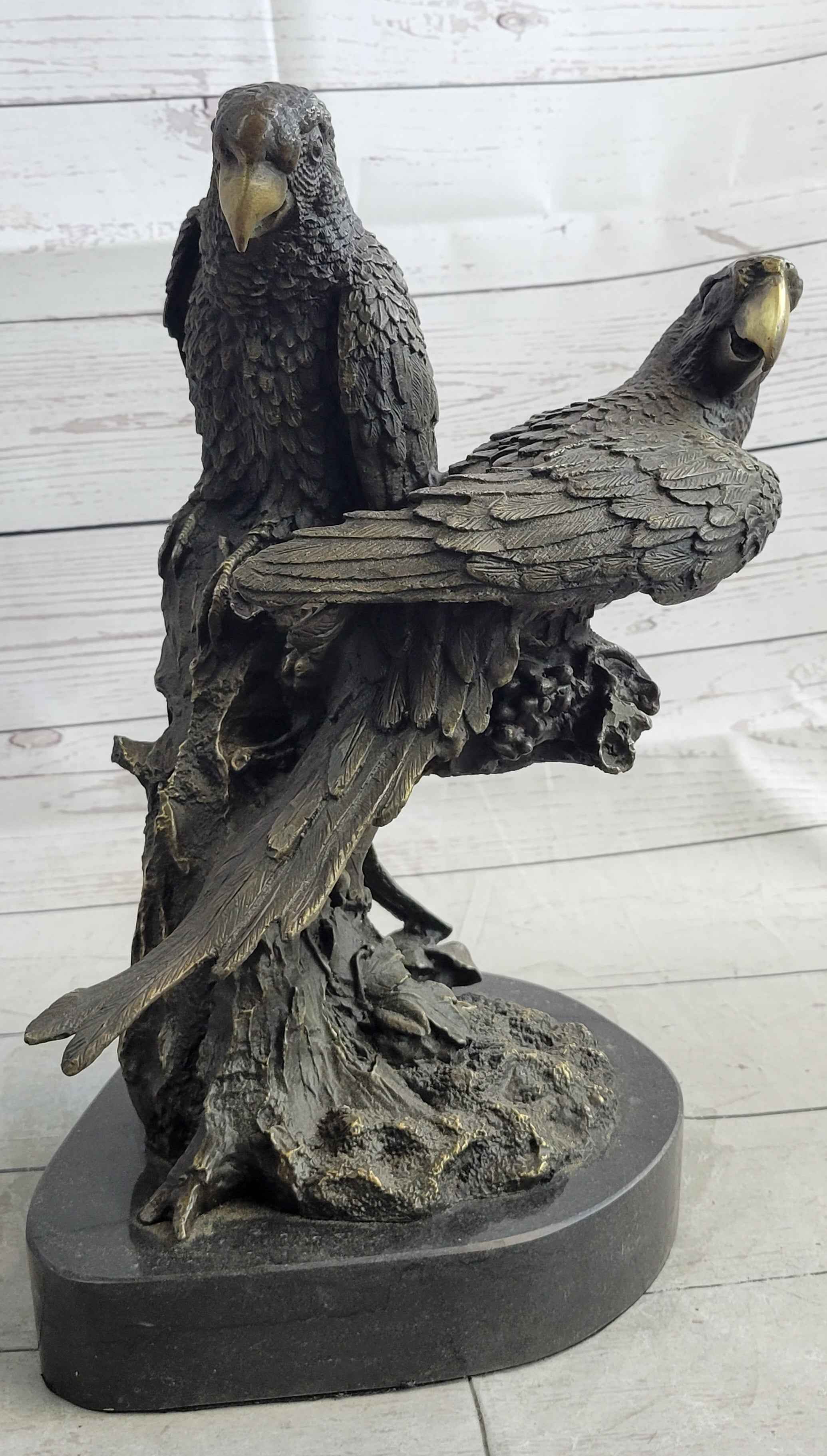 Pair of Parrots Birds Bronze Sculpture Statue Figure on Marble Base Signed Milo