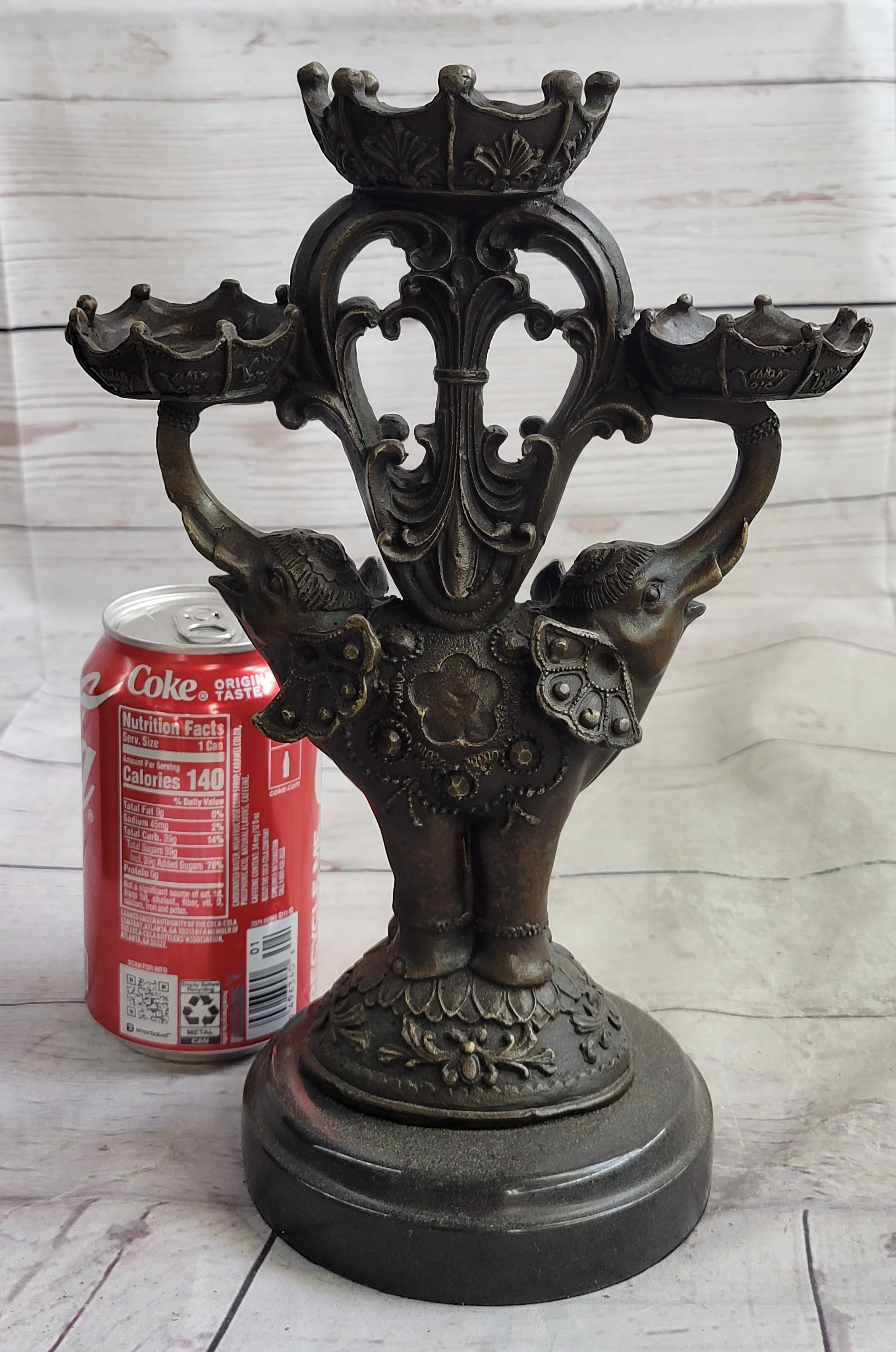 Two Headed Elephant Candle Holder Bronze Sculpture Marble Base Figurine Statue