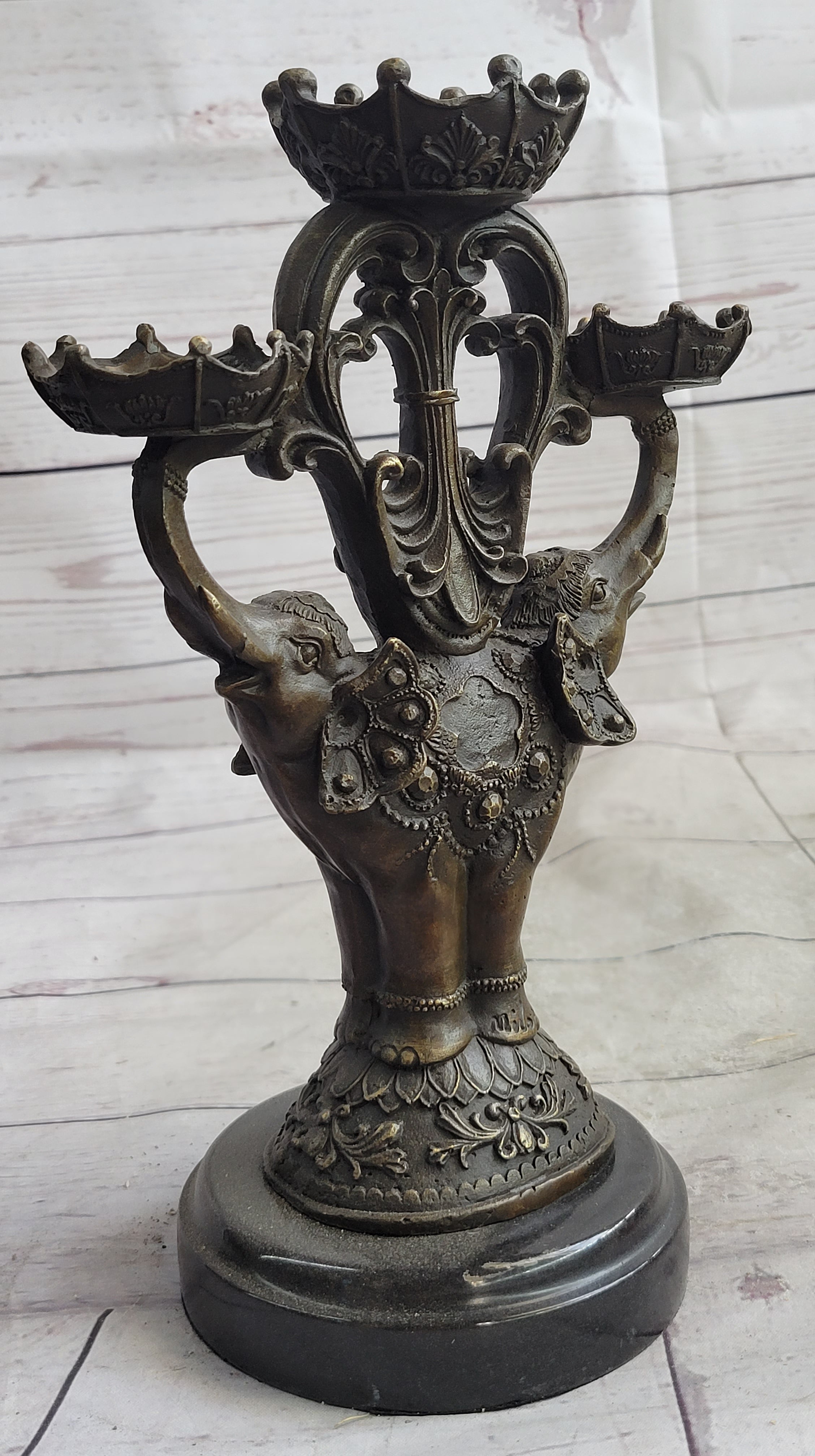 Two Headed Elephant Candle Holder Bronze Sculpture Marble Base Figurine Statue