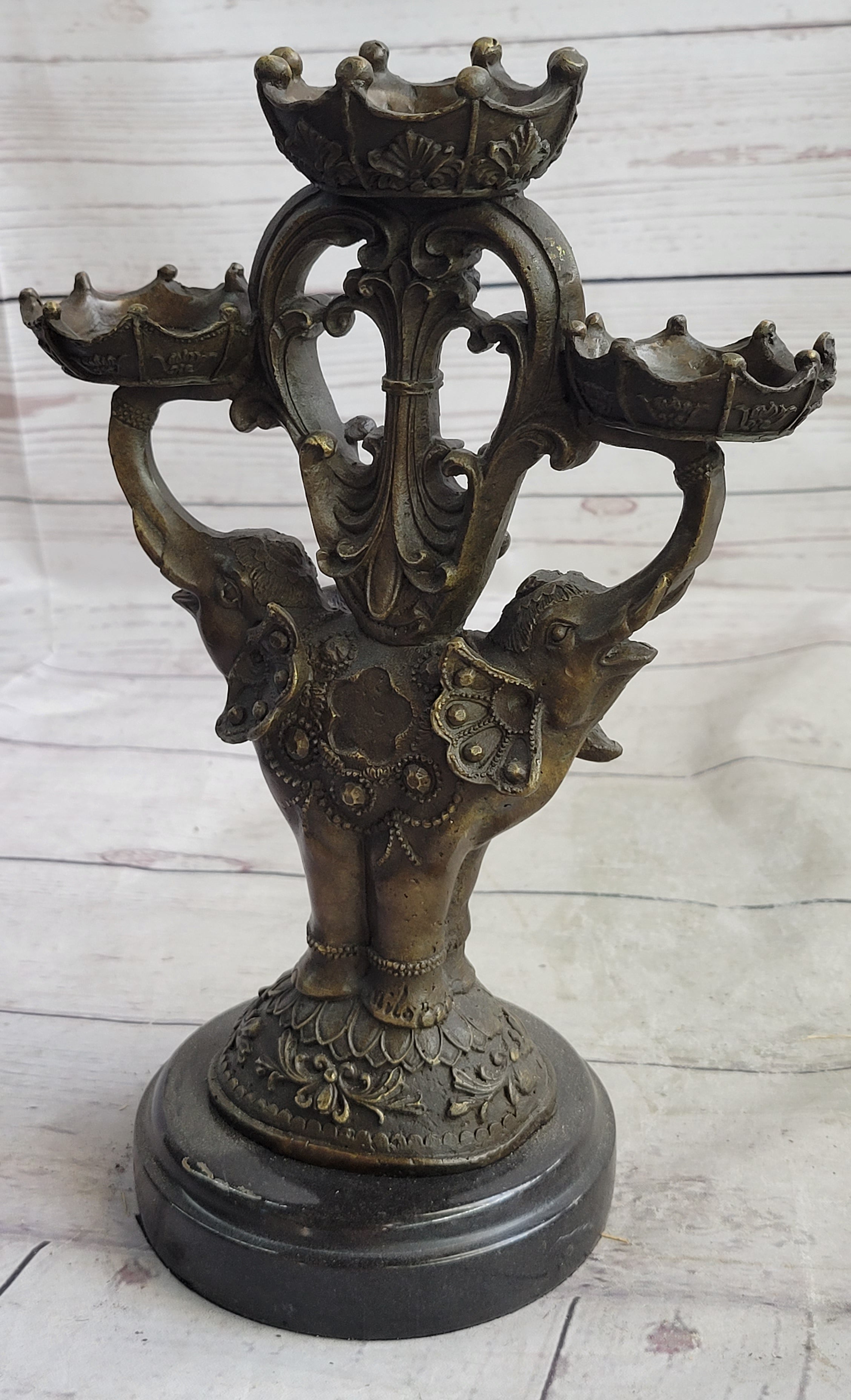 Two Headed Elephant Candle Holder Bronze Sculpture Marble Base Figurine Statue