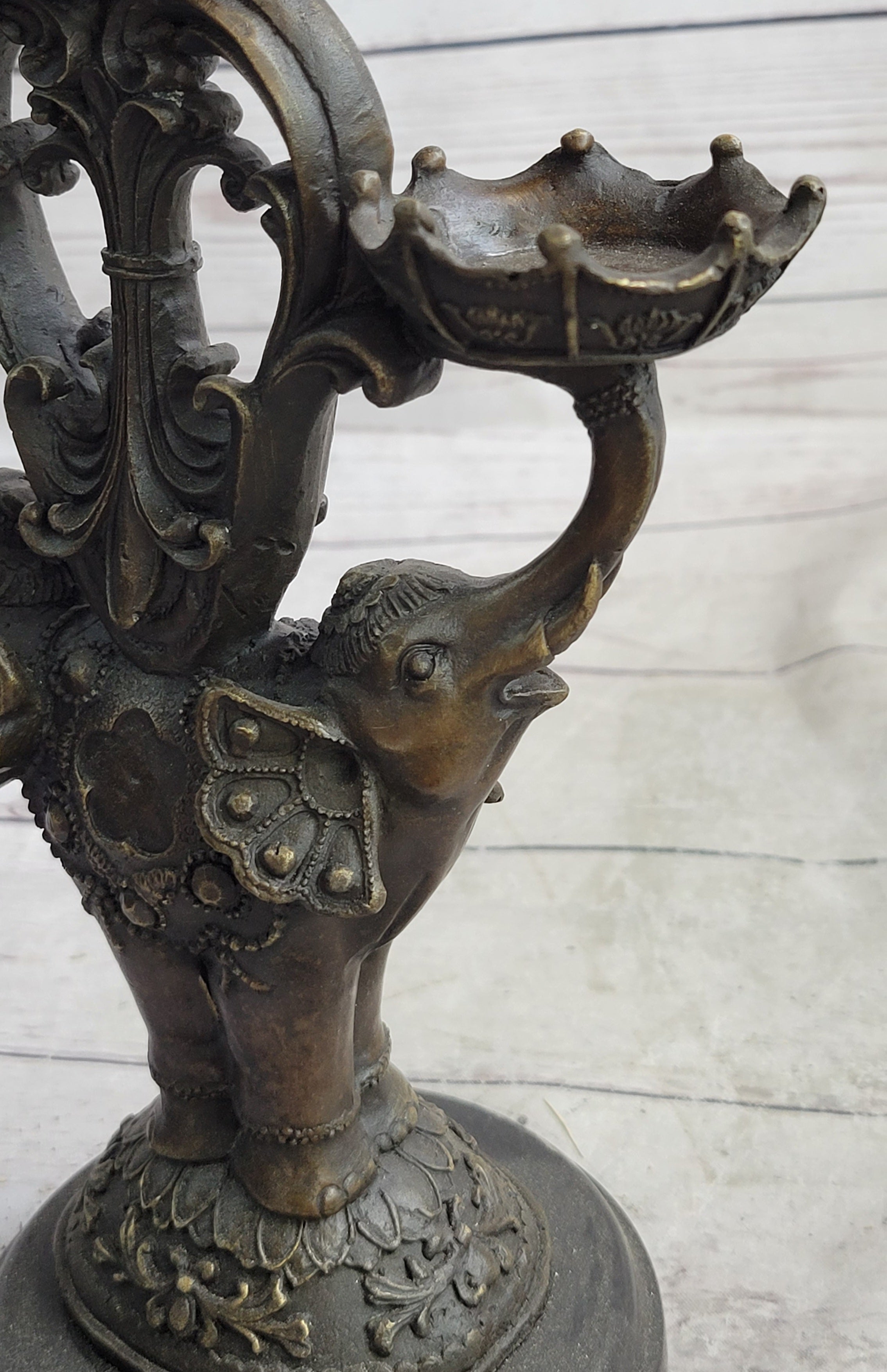 Two Headed Elephant Candle Holder Bronze Sculpture Marble Base Figurine Statue