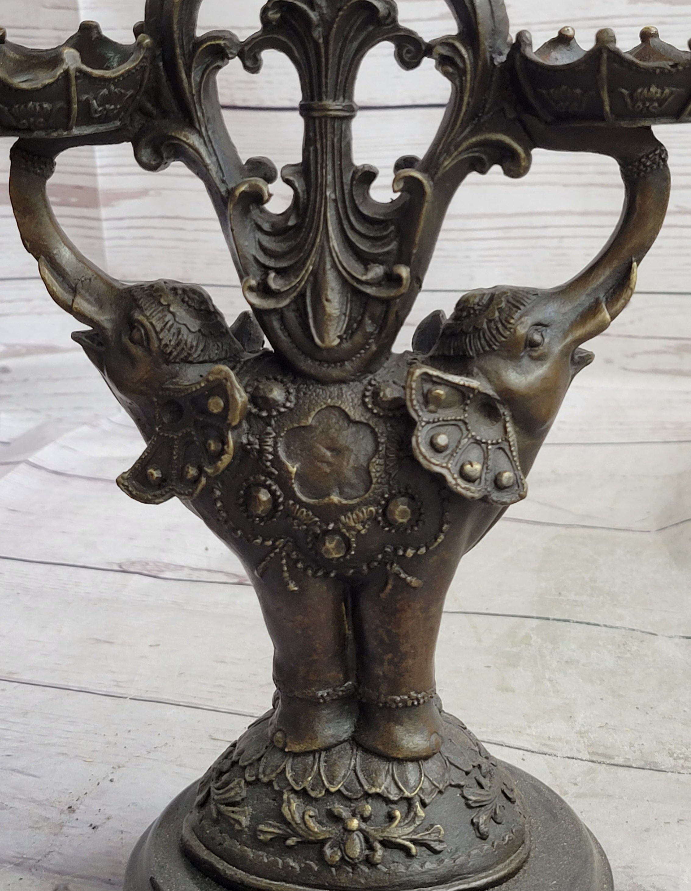 Two Headed Elephant Candle Holder Bronze Sculpture Marble Base Figurine Statue