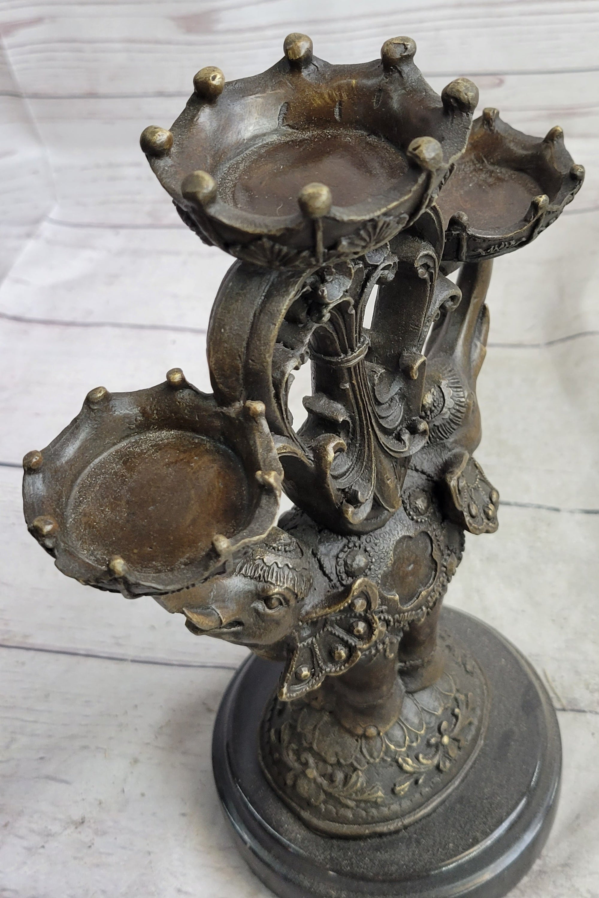 Two Headed Elephant Candle Holder Bronze Sculpture Marble Base Figurine Statue