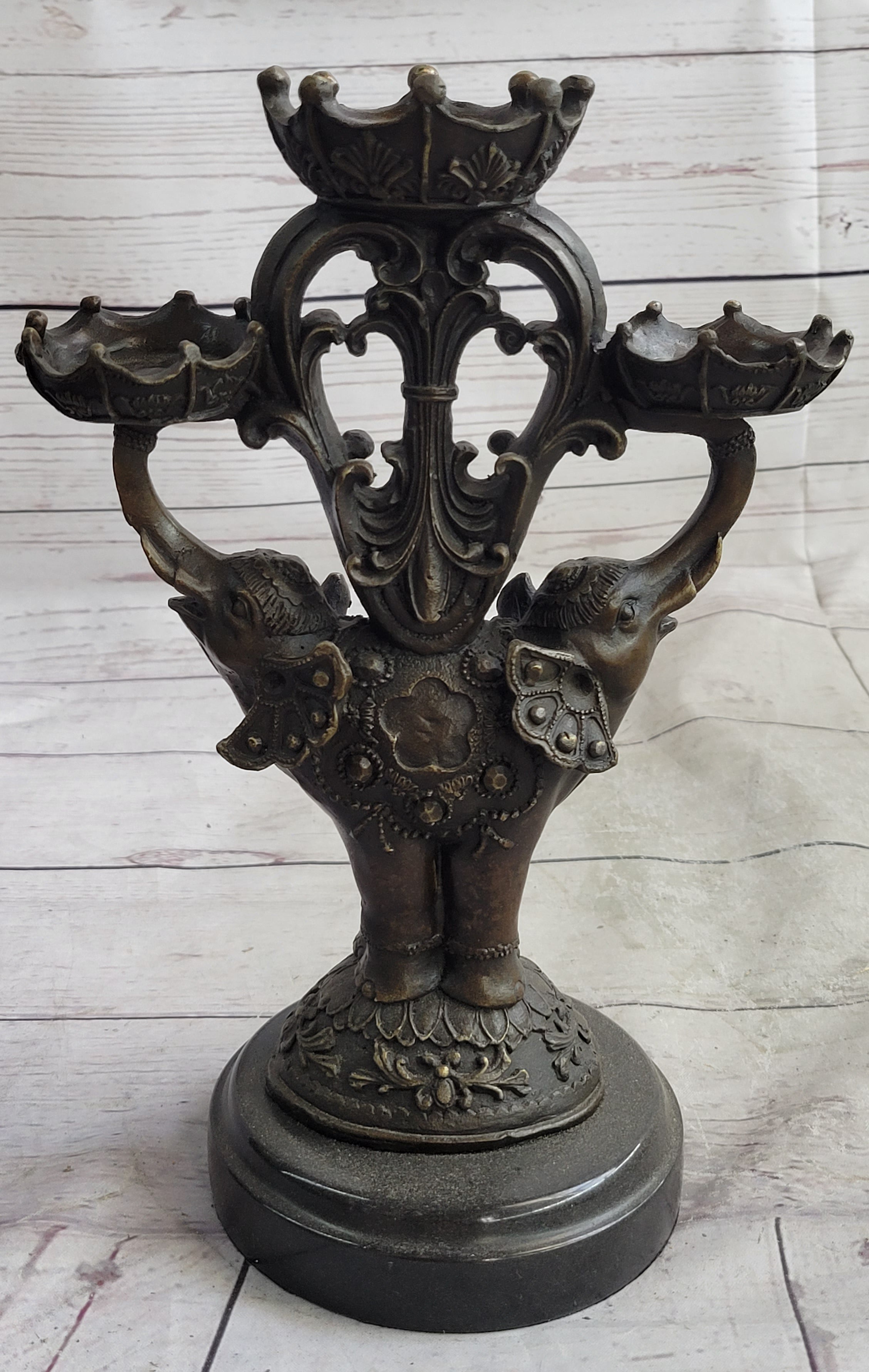 Two Headed Elephant Candle Holder Bronze Sculpture Marble Base Figurine Statue