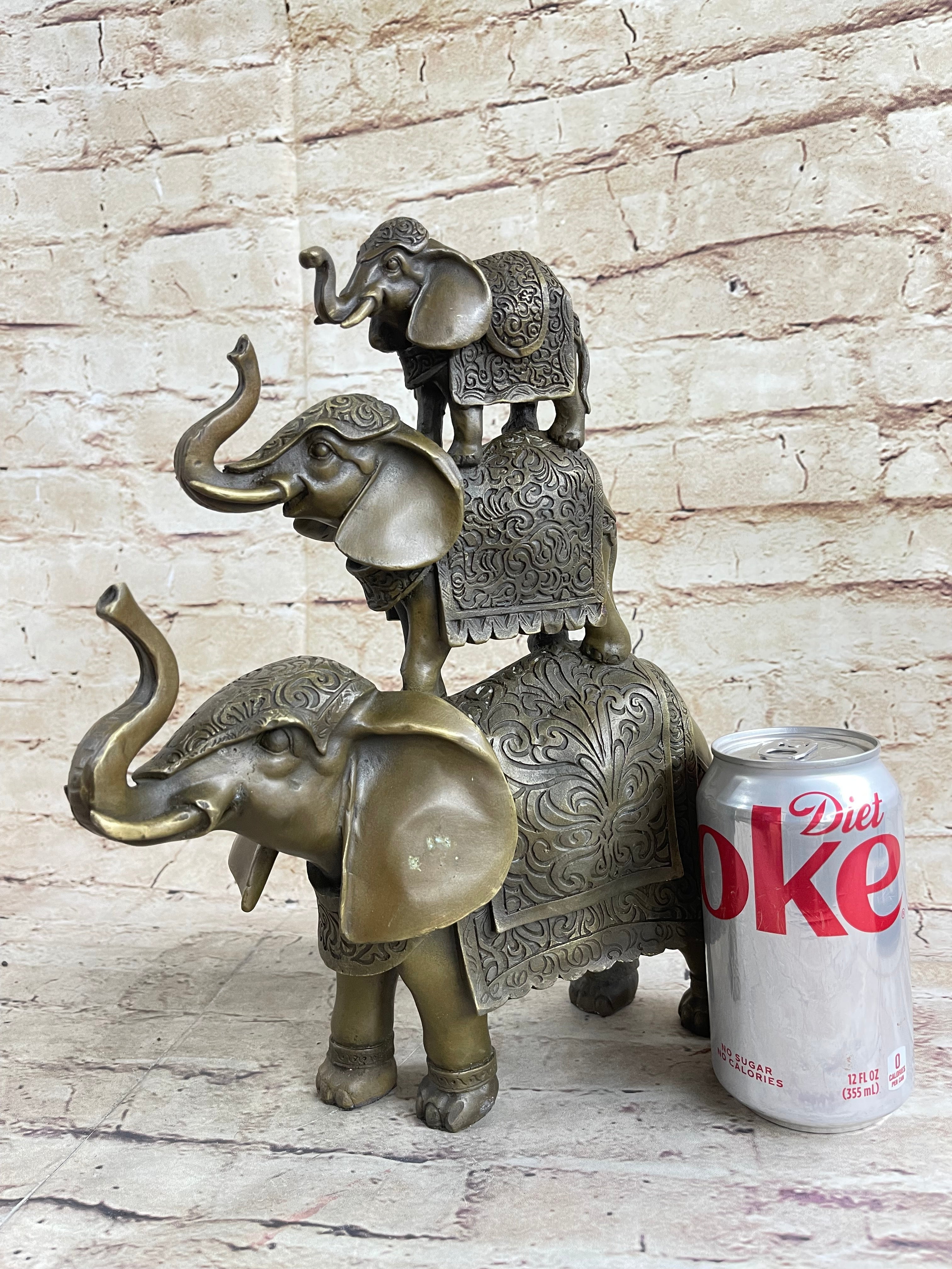 Stacked 3 Lucky Elephants Bronze Metal Statue Sculpture Figurine 12" x 12"