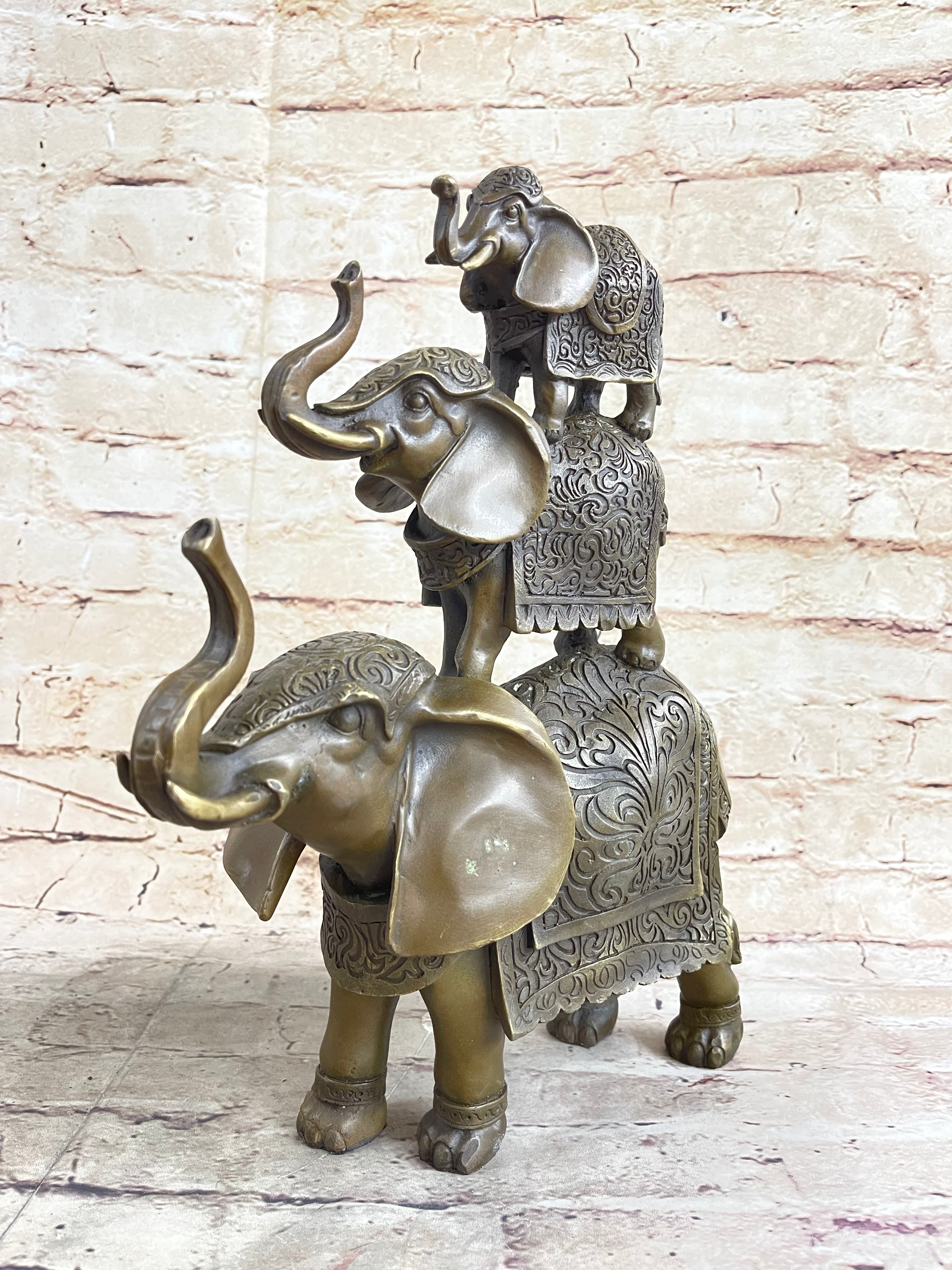 Stacked 3 Lucky Elephants Bronze Metal Statue Sculpture Figurine 12" x 12"