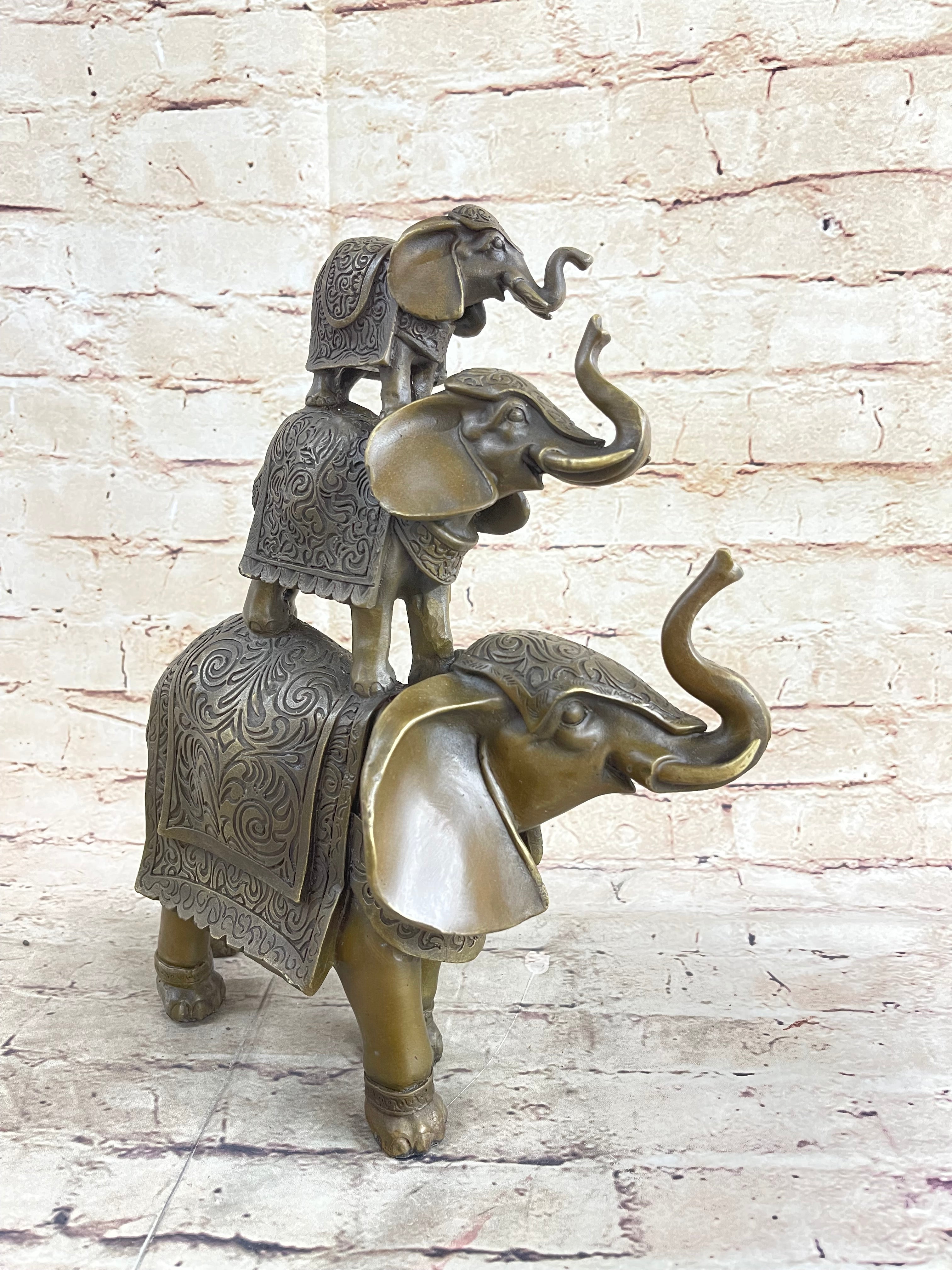 Stacked 3 Lucky Elephants Bronze Metal Statue Sculpture Figurine 12" x 12"