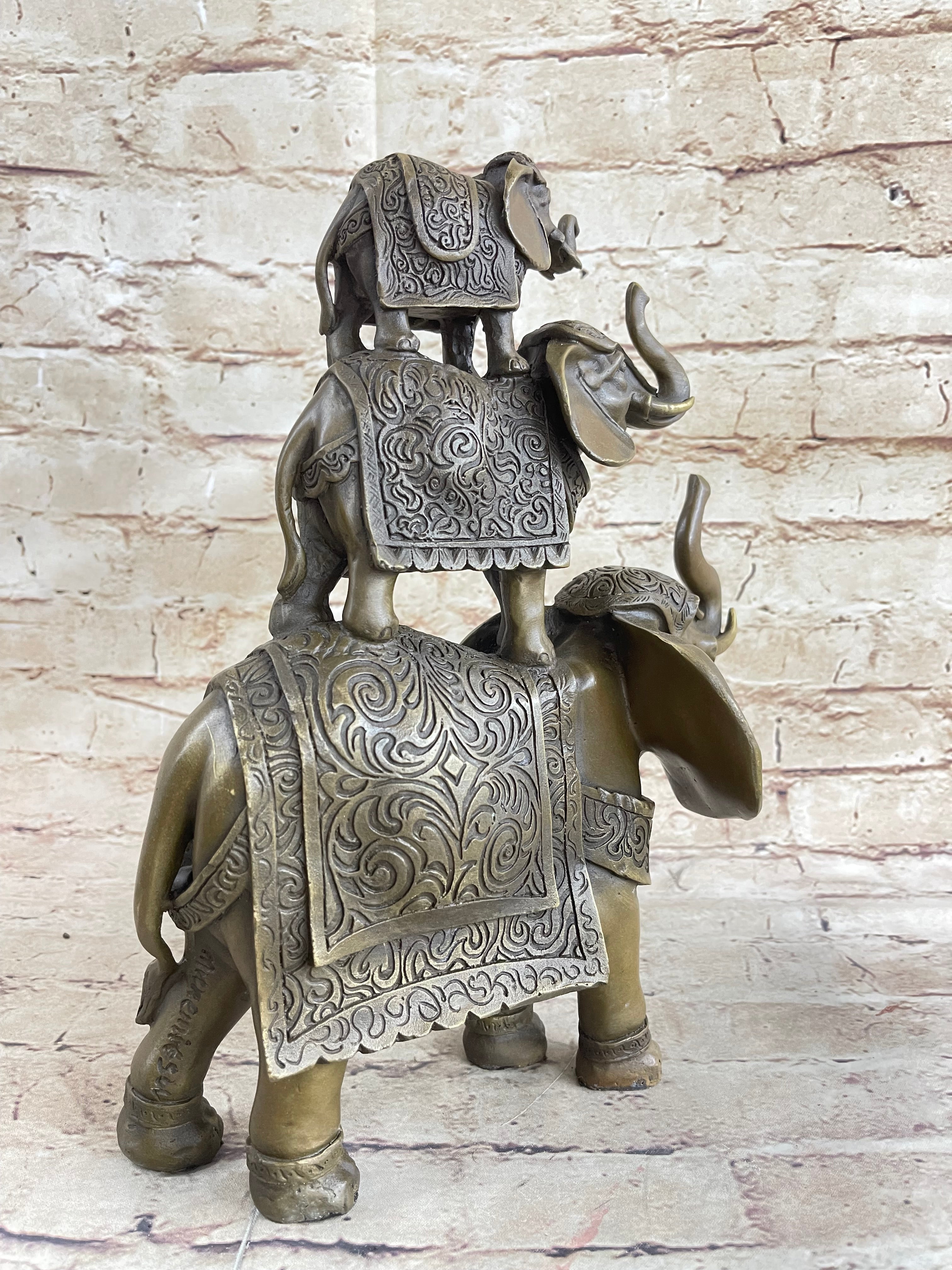 Stacked 3 Lucky Elephants Bronze Metal Statue Sculpture Figurine 12" x 12"