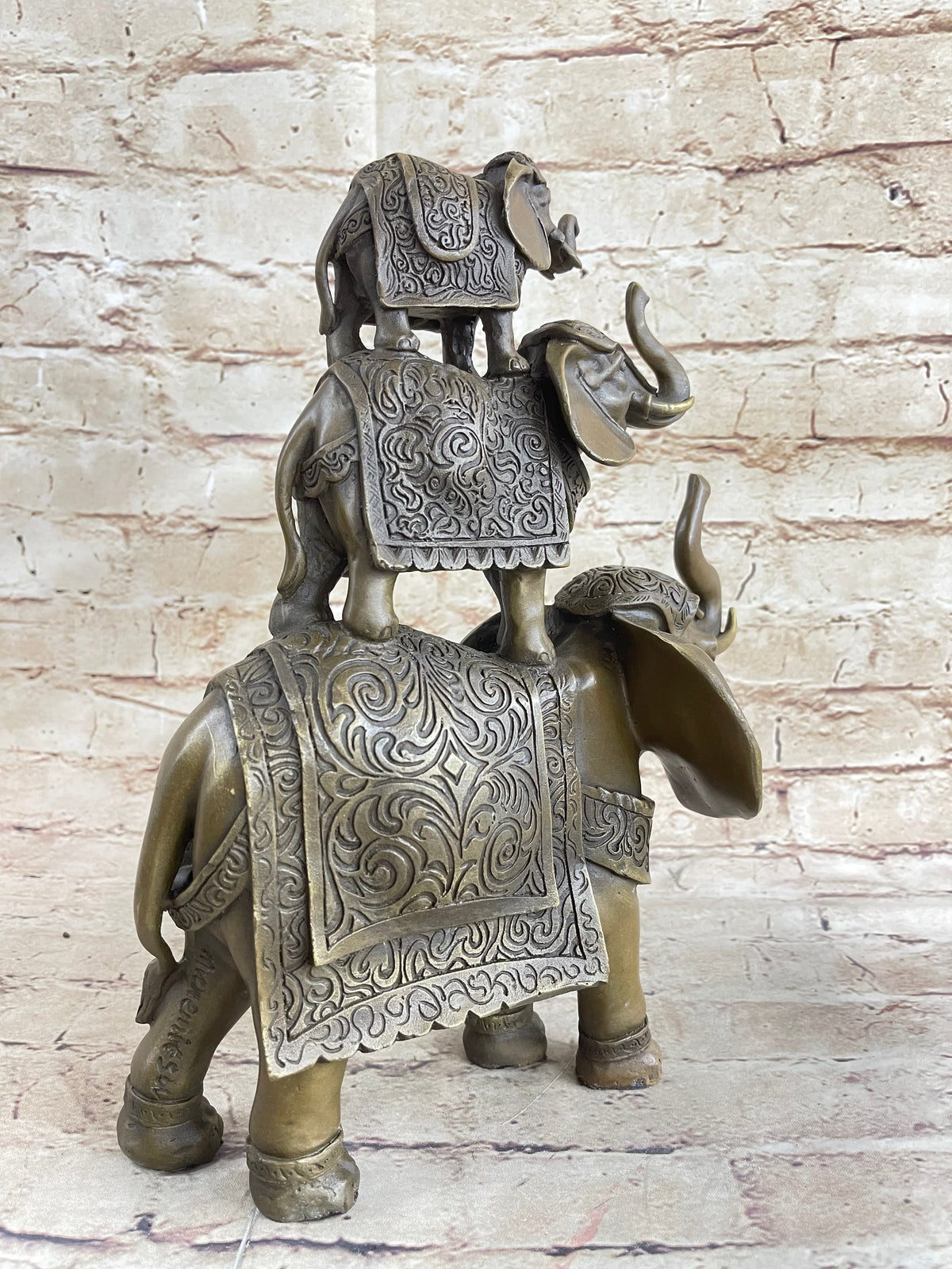 Stacked 3 Lucky Elephants Bronze Metal Statue Sculpture Figurine 12" x 12"