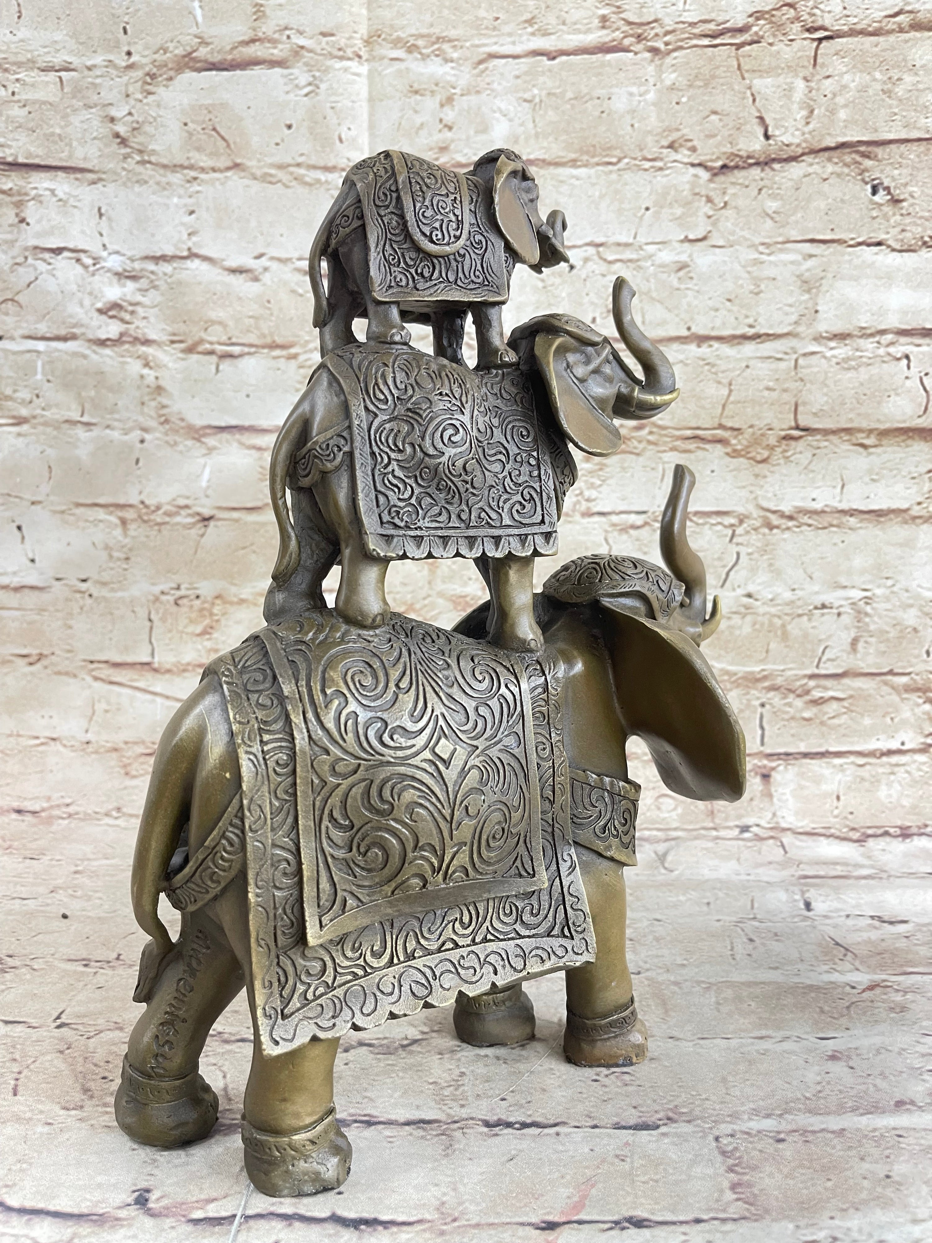 Stacked 3 Lucky Elephants Bronze Metal Statue Sculpture Figurine 12" x 12"
