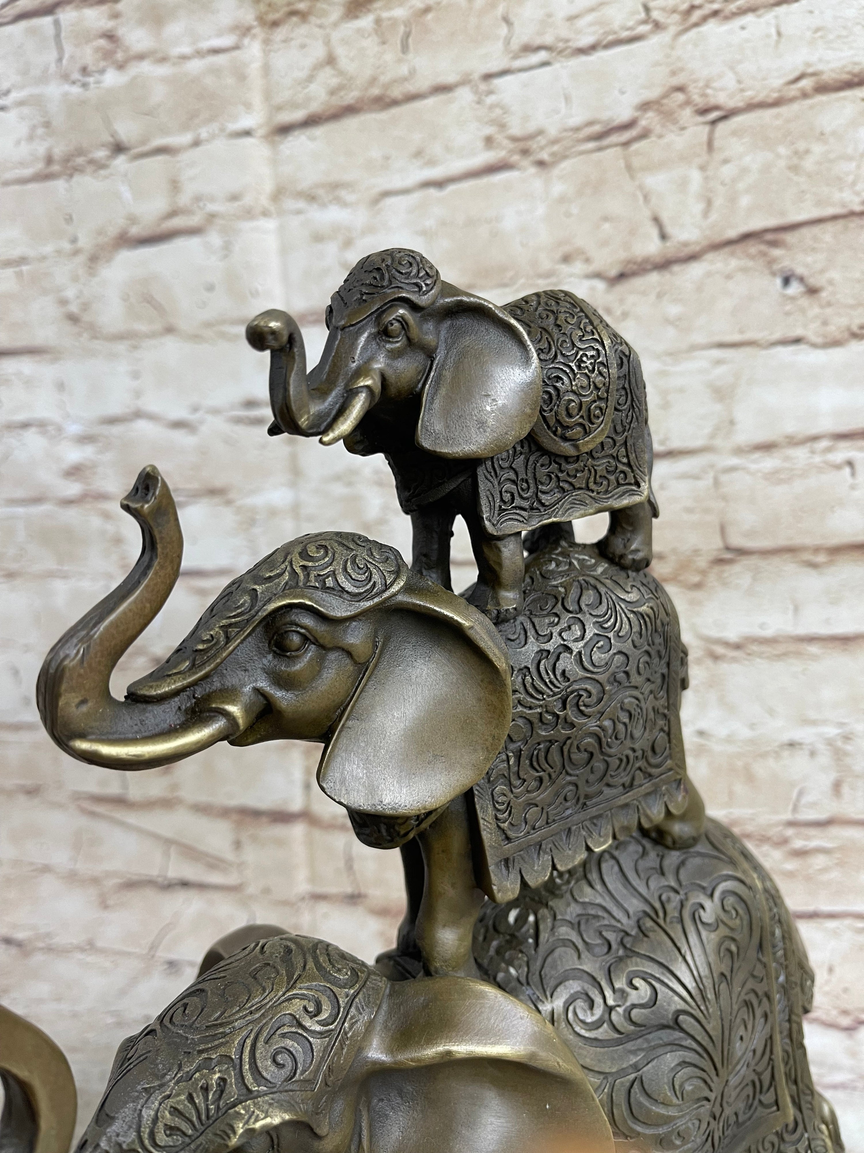 Stacked 3 Lucky Elephants Bronze Metal Statue Sculpture Figurine 12" x 12"