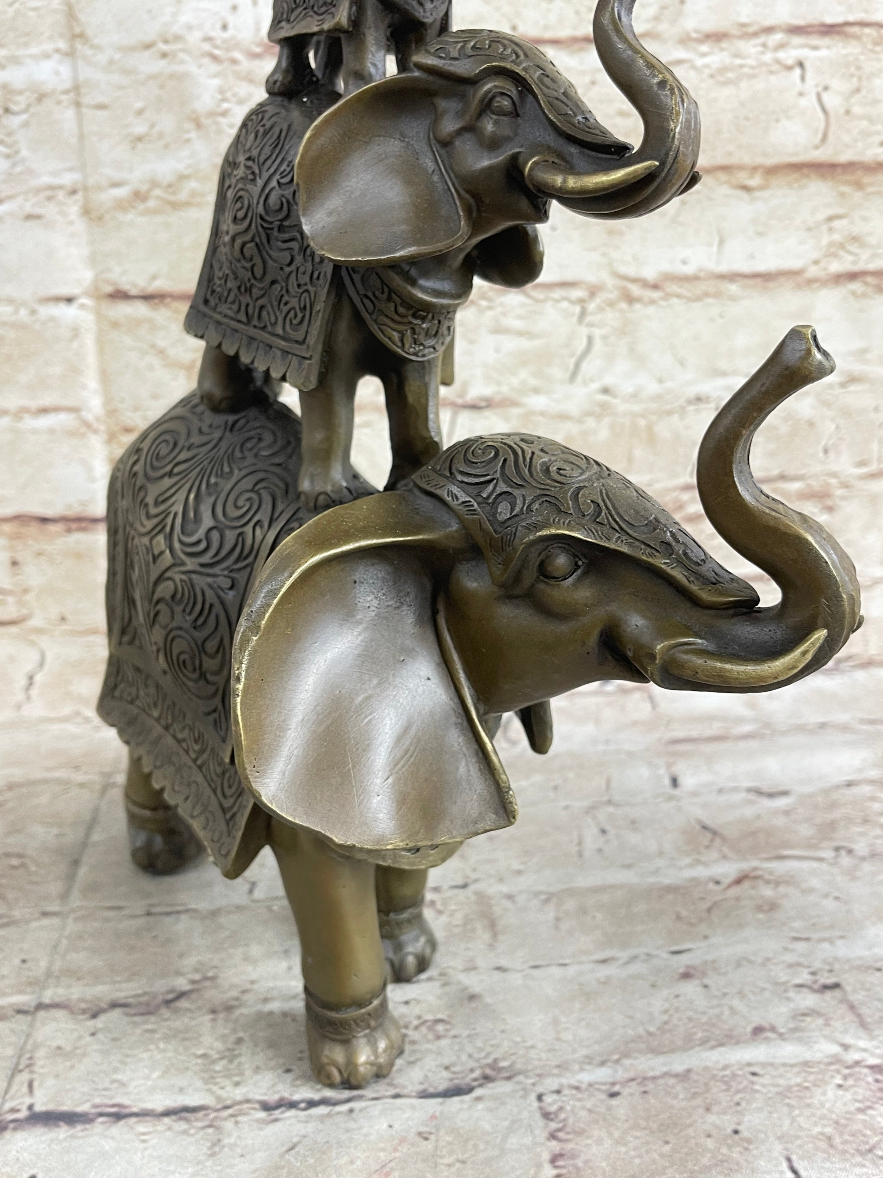 Stacked 3 Lucky Elephants Bronze Metal Statue Sculpture Figurine 12" x 12"