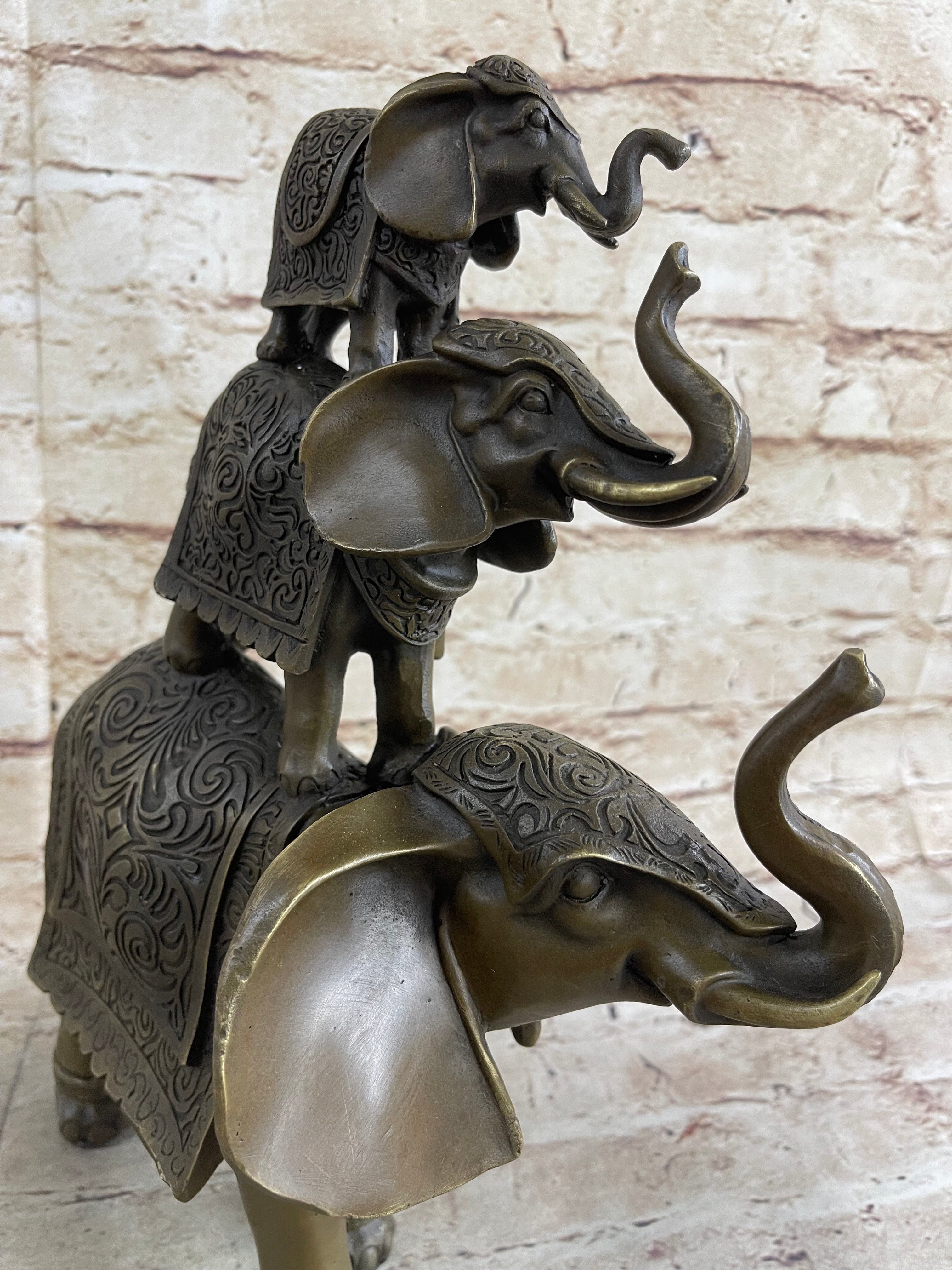 Stacked 3 Lucky Elephants Bronze Metal Statue Sculpture Figurine 12" x 12"