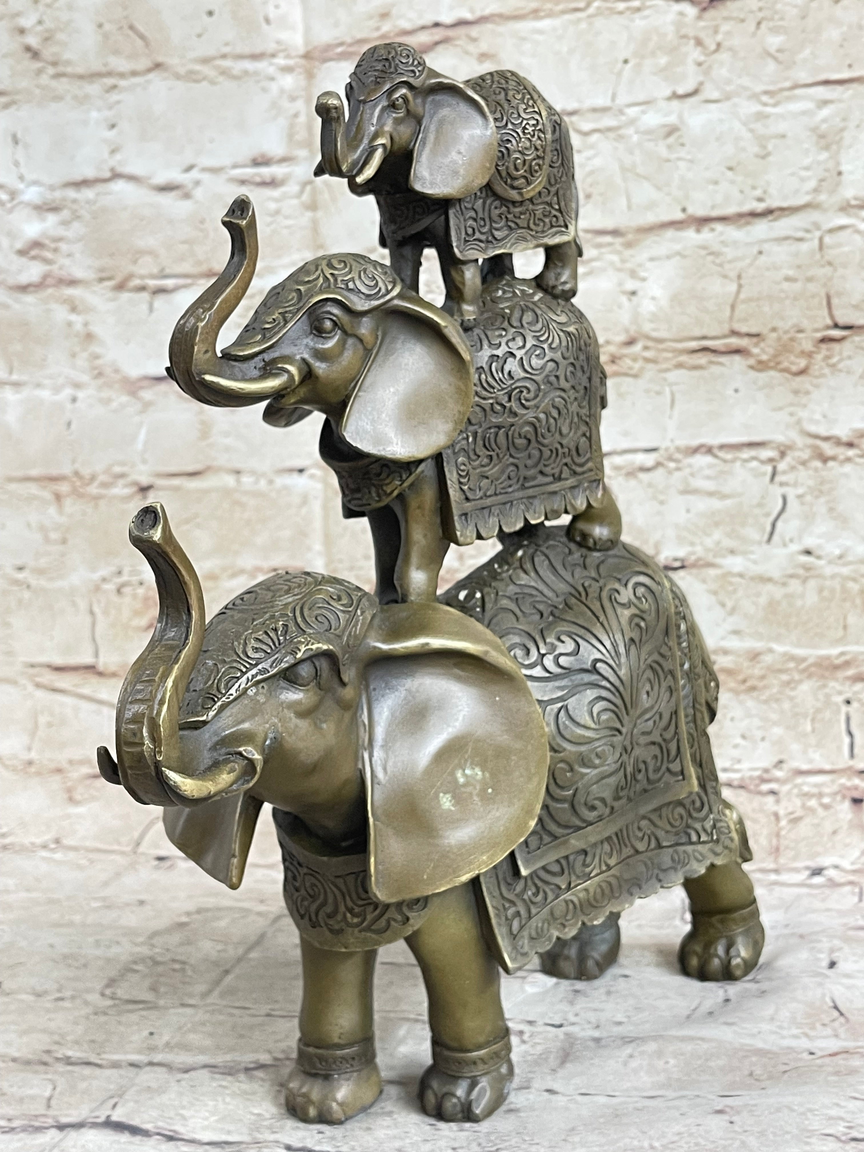 Stacked 3 Lucky Elephants Bronze Metal Statue Sculpture Figurine 12" x 12"