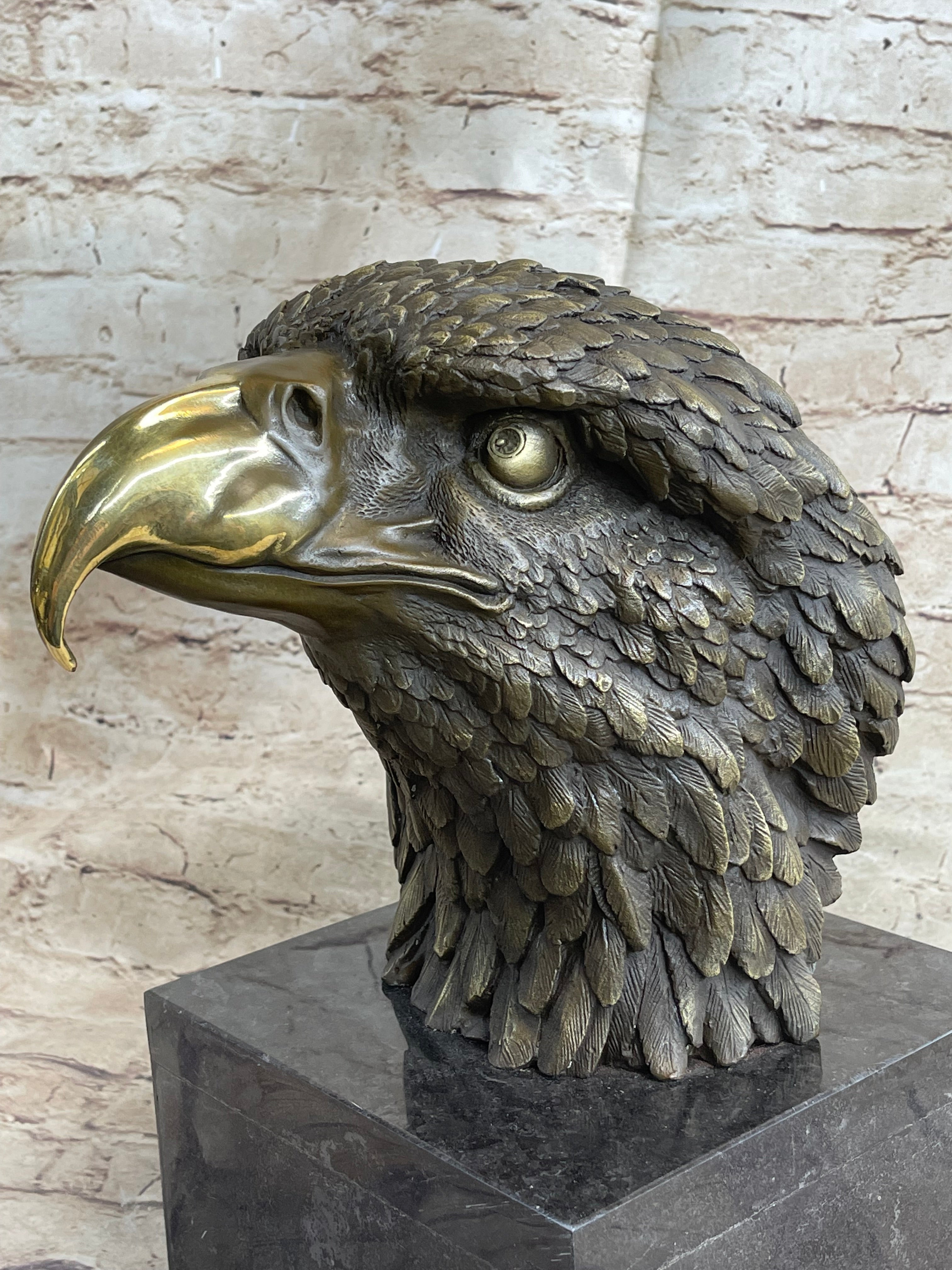 Hot Cast Bronze American Bald Eagle Head Bust Statue Sculpture on Marble Base