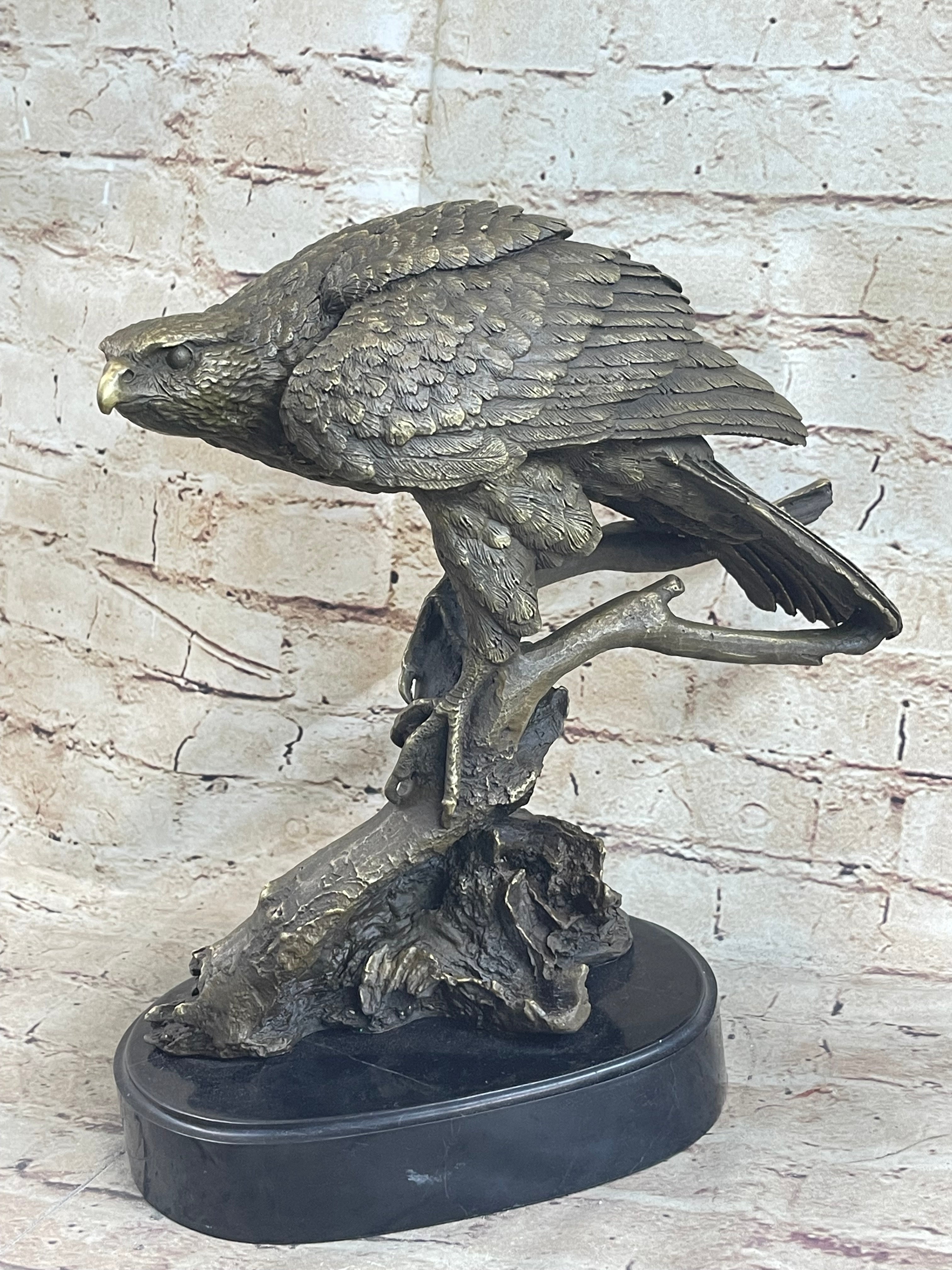 Signed Barye American Eagle On A Tree Branch Bronze Marble Figurine Art Figure