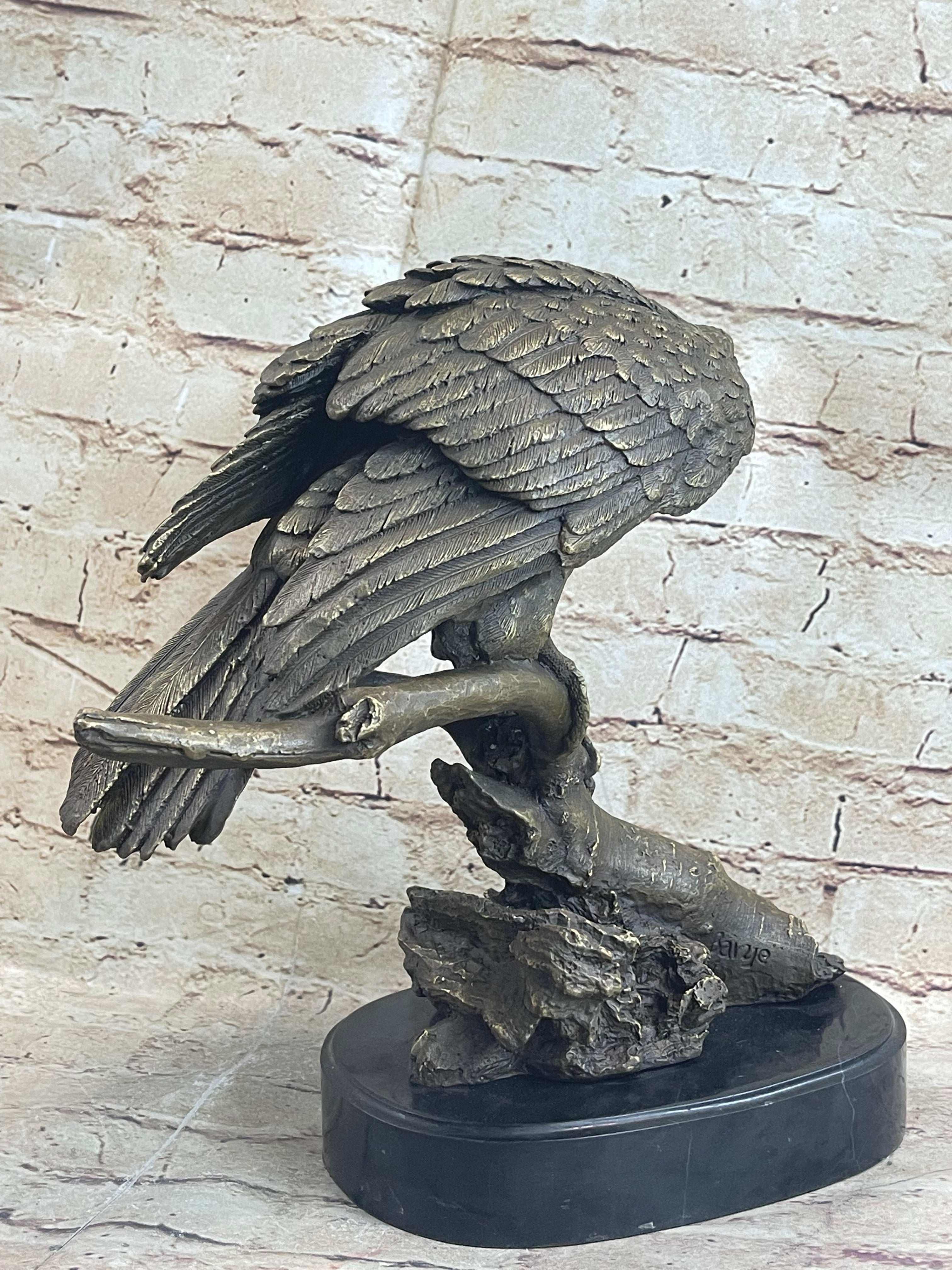 Signed Barye American Eagle On A Tree Branch Bronze Marble Figurine Art Figure