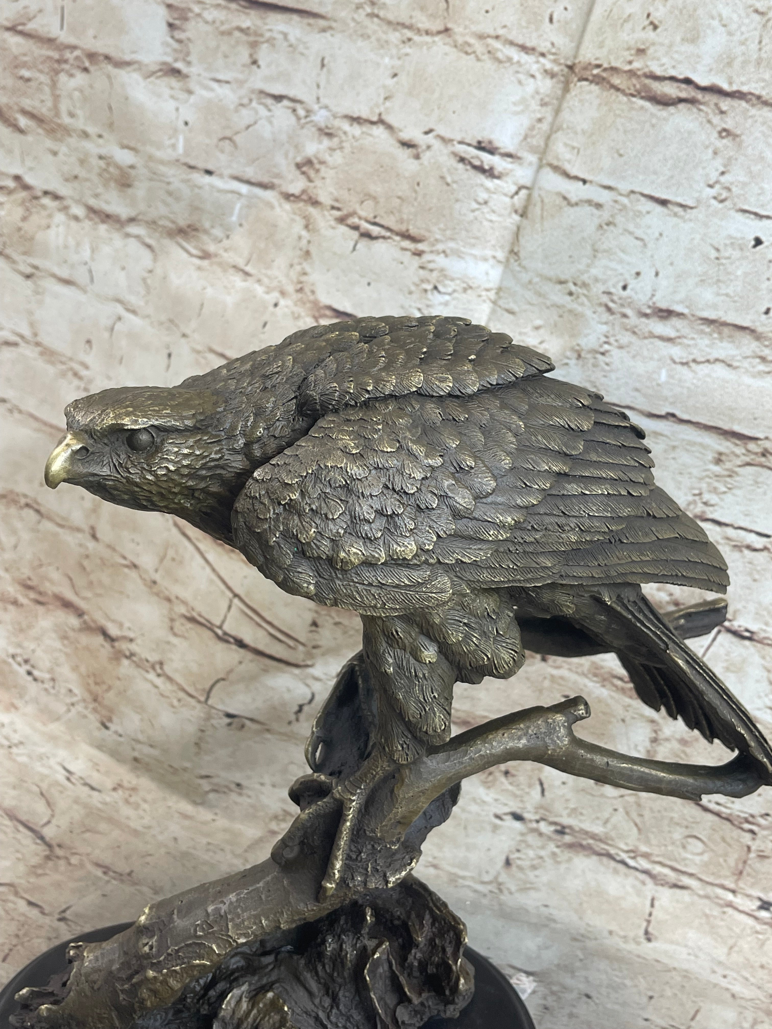 Signed Barye American Eagle On A Tree Branch Bronze Marble Figurine Art Figure