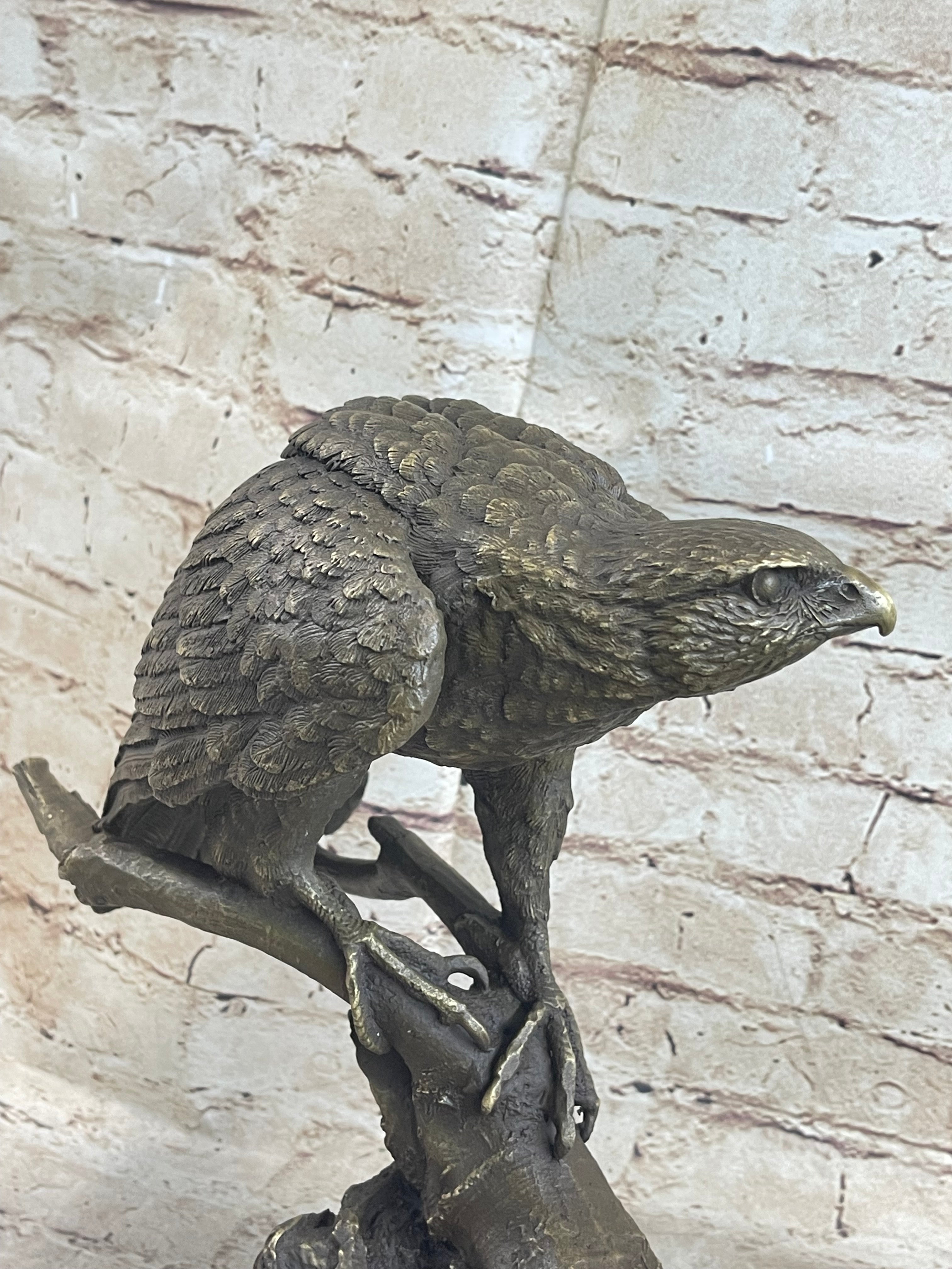 Signed Barye American Eagle On A Tree Branch Bronze Marble Figurine Art Figure