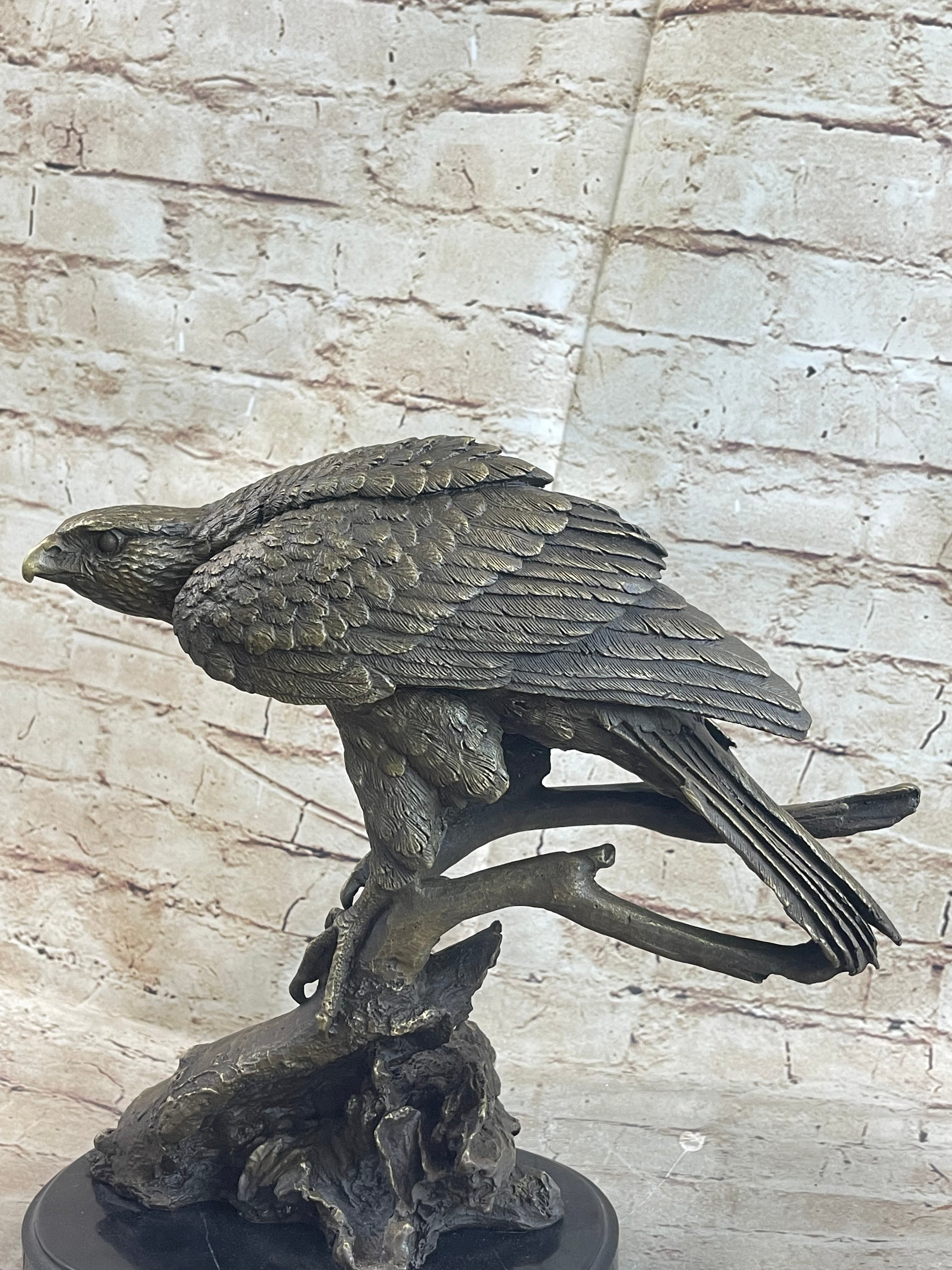 Signed Barye American Eagle On A Tree Branch Bronze Marble Figurine Art Figure