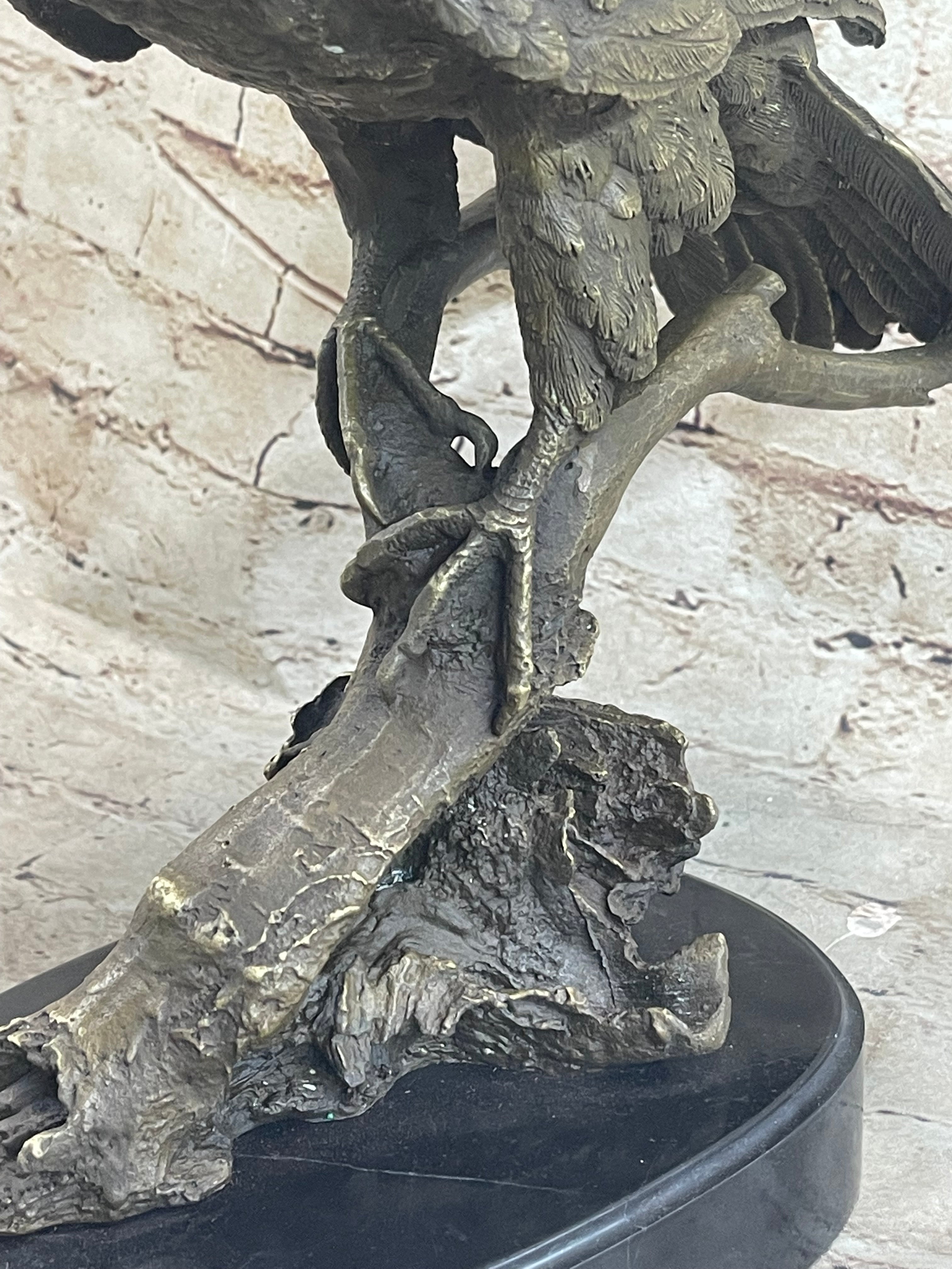 Signed Barye American Eagle On A Tree Branch Bronze Marble Figurine Art Figure