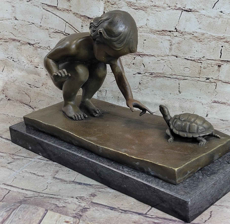 Handcrafted Signed Original Aldo Vitaleh Little Girl Playing With Turtle Bronze