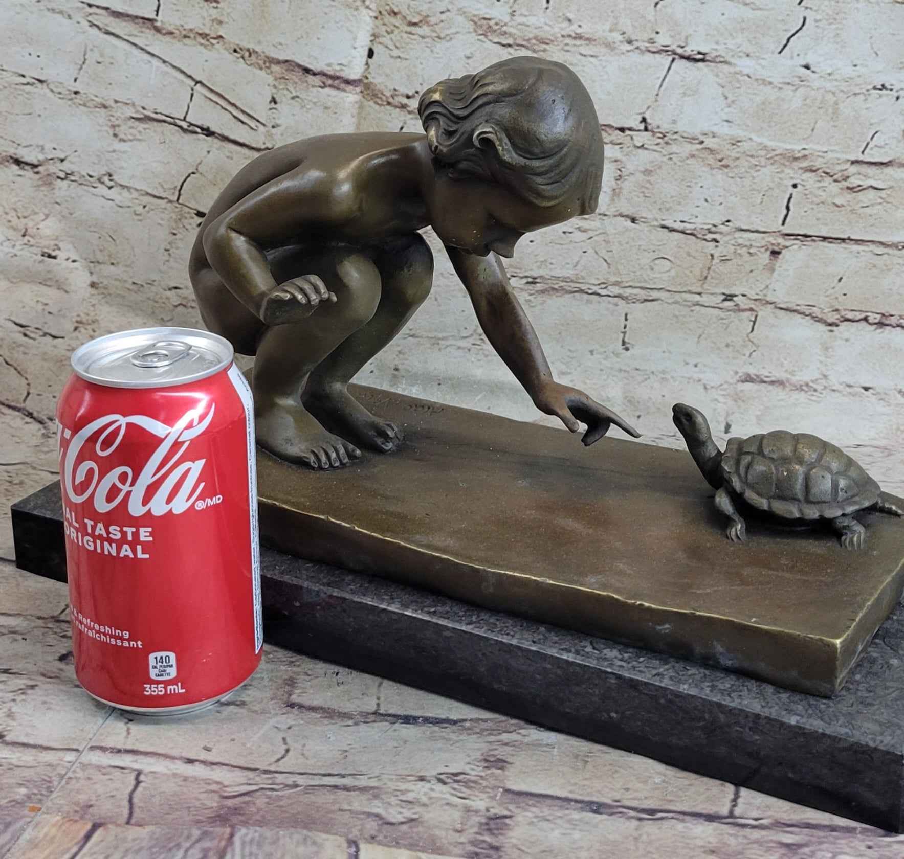 Handcrafted Signed Original Aldo Vitaleh Little Girl Playing With Turtle Bronze