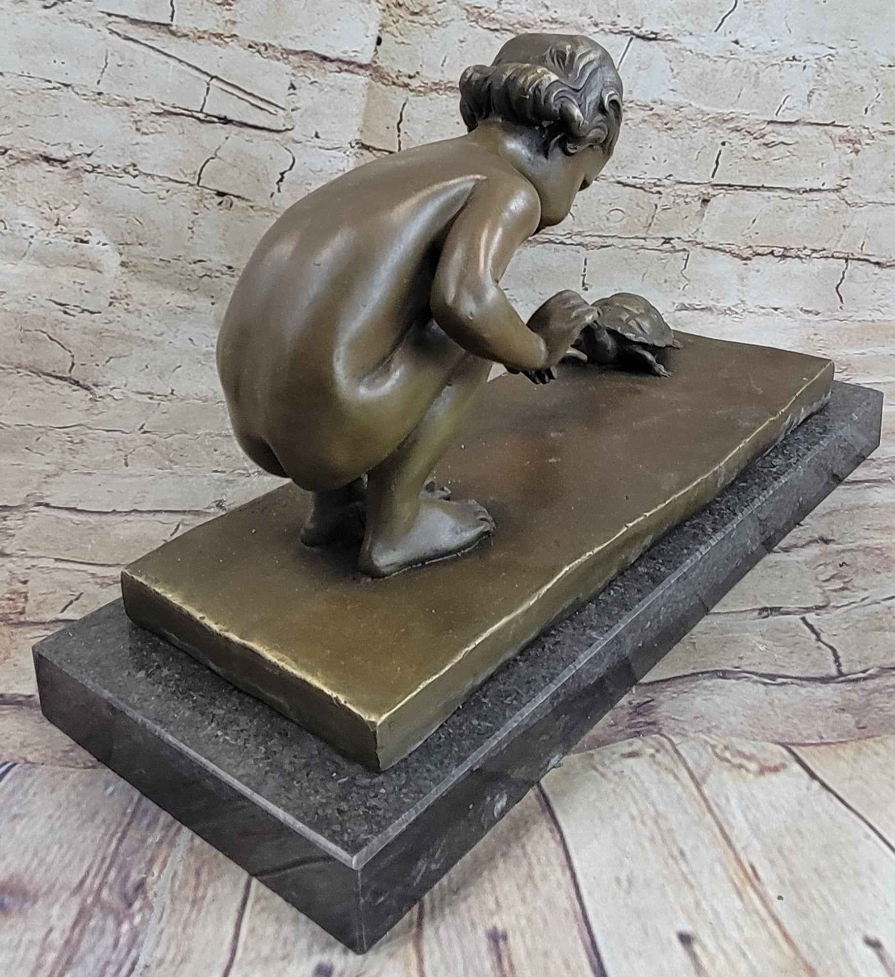 Handcrafted Signed Original Aldo Vitaleh Little Girl Playing With Turtle Bronze